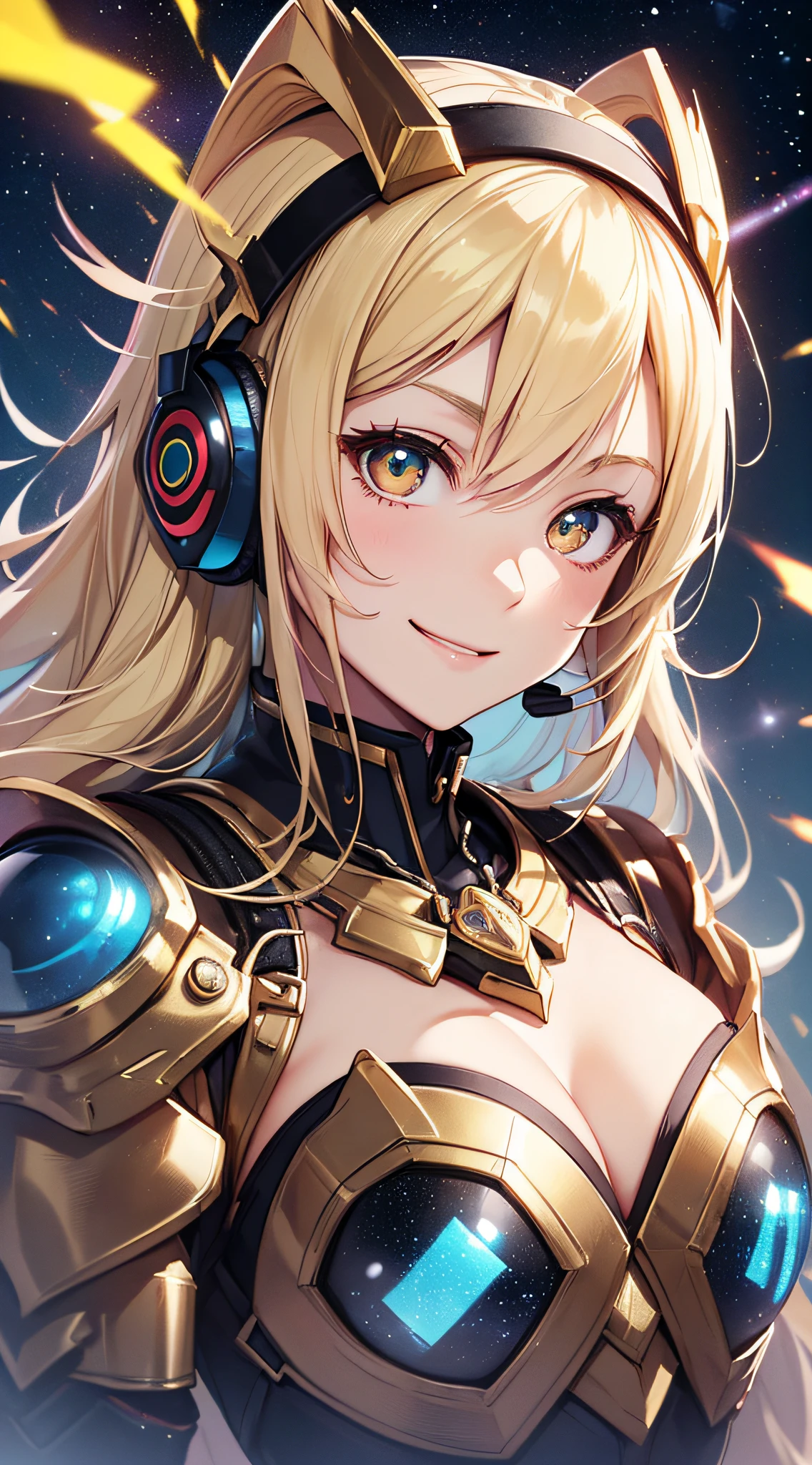 top-quality、Top image quality、​masterpiece、girl with((18year old、Cosmic Metallic Armor、Best Bust、Bust 90、a blond、Semi-long、Glowing eyes、open chest wide、valley、Happiness、Luminous Chain Accessories、Put on headphones、Cosmic Accessories、weightless、fists up、The best smile、Laser from both hands）hiquality、visualart、Background with(spaces、stele々、kosmos))、masutepiece、Best graphics、Super delicate