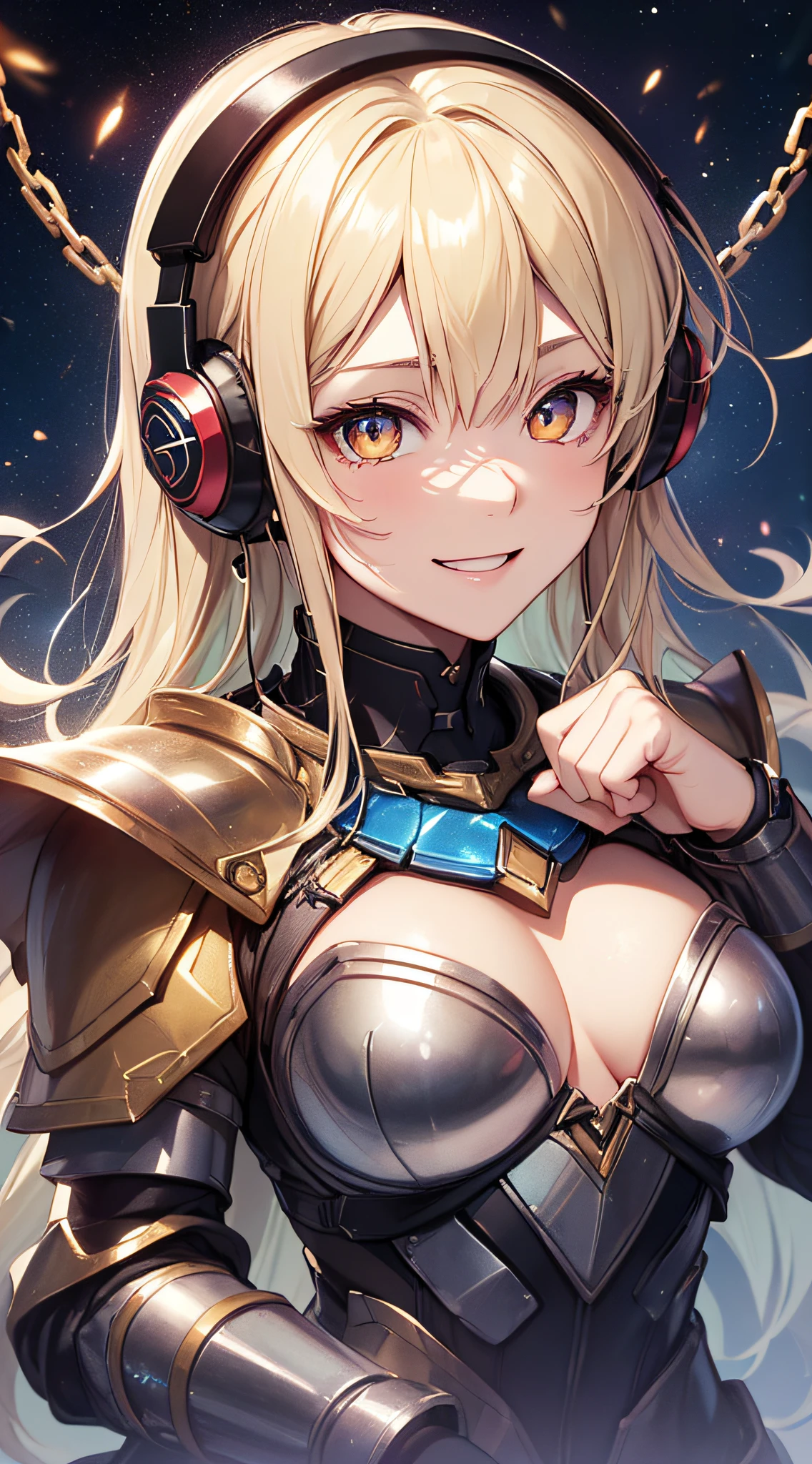 top-quality、Top image quality、​masterpiece、girl with((18year old、Cosmic Metallic Armor、Best Bust、Bust 90、a blond、Semi-long、Glowing eyes、open chest wide、valley、Happiness、Luminous Chain Accessories、Put on headphones、Cosmic Accessories、weightless、fists up、The best smile、Laser from both hands）hiquality、visualart、Background with(spaces、stele々、kosmos))、masutepiece、Best graphics、Super delicate