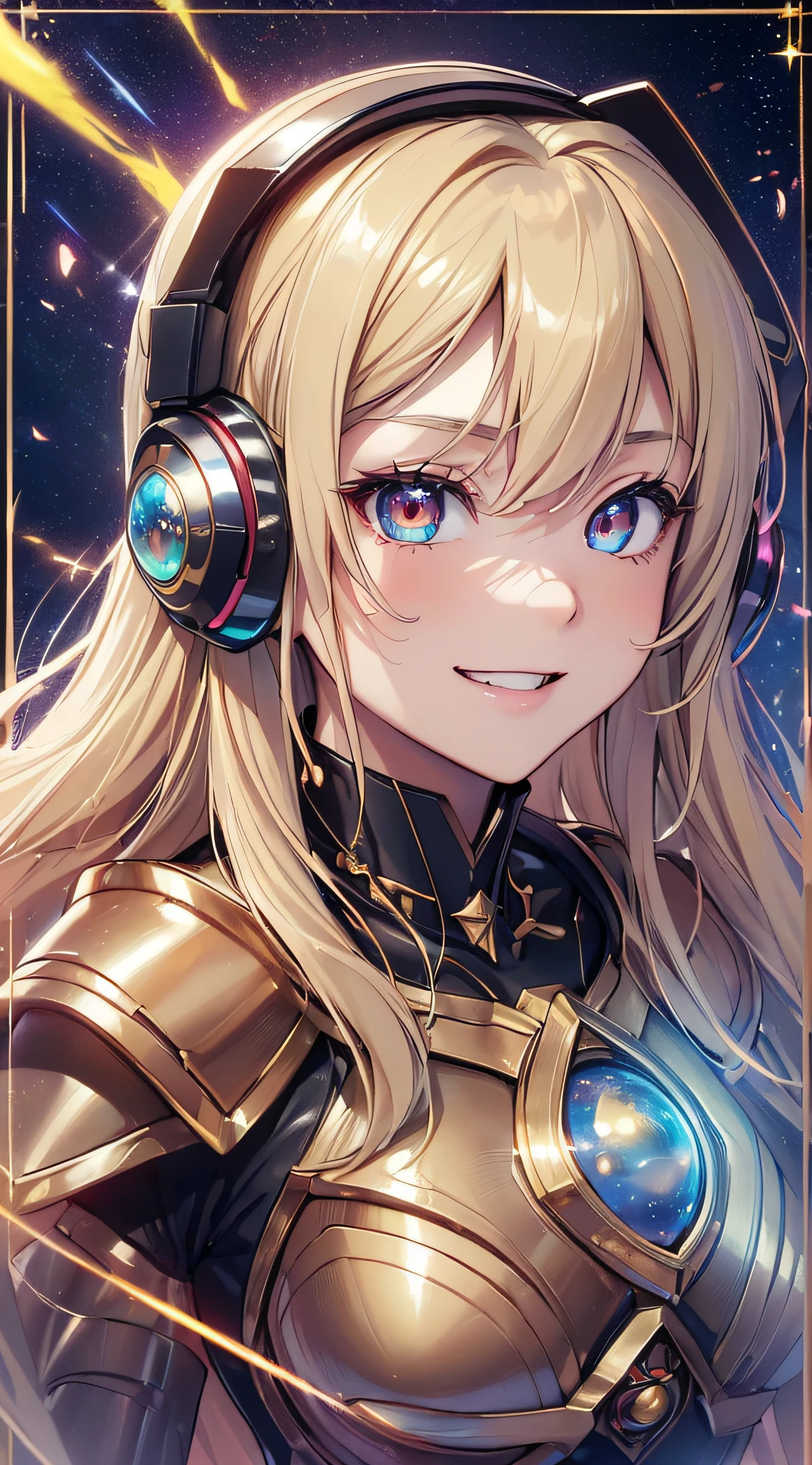 top-quality、Top image quality、masterpiece、girl with((18year old、Cosmic Metallic Armor、Best Bust、Bust 90、a blond、Semi-long、Glowing eyes、open chest wide、valley、Happiness、Luminous Chain Accessories、Put on headphones、Cosmic Accessories、weightless、fists up、The best smile、Laser from both hands)hiquality、visualart、Background with(spaces、stele々、kosmos))、masutepiece、Best graphics、Super delicate