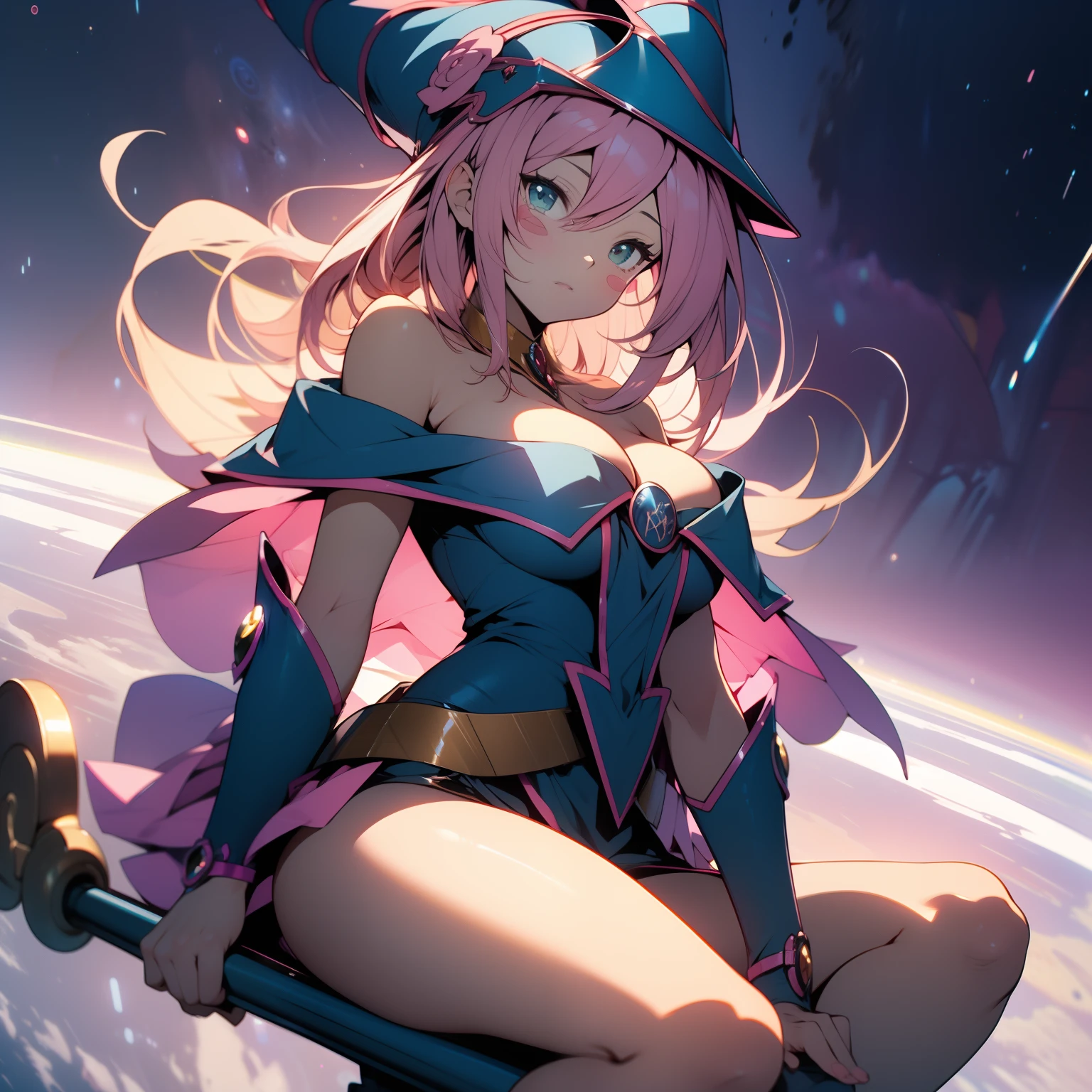 (masterpiece), best quality, full-body shot, expressive eyes, perfect face, 1woman, big breast, good breast, beautiful, gorgeous ,round breast, medium shot,outerspace, pink universe background, golden magic circle on background, cleavage, feminine, blushing, Dark Magician Girl, 遊戯王, pink hair, shiny eyes, hmdmg1, wizard hat, blush, blush stickers, cleavage, blue garments, bare shoulders, dress, off shoulder, masturbation from below, Grab your own breasts, One girl, sitting position, floating mid air, riding magic staff, Spread your legs, Raise your legs