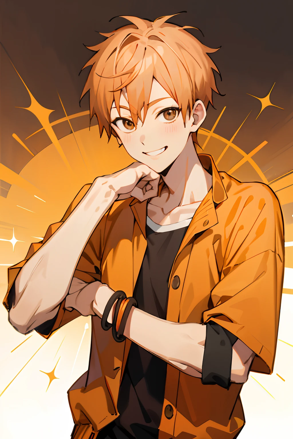 masutepiece, Best Quality, High quality, 1boy, Solo, Male Focus, Looking at Viewer, Upper body, Shion_assume, Brown eyes, Orange hair, Jewelry, , Joggers,a smile