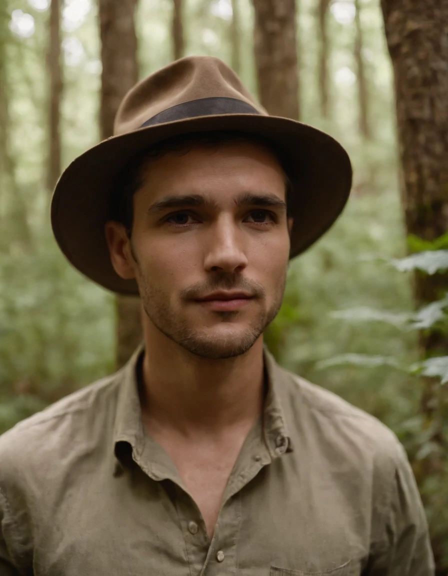 homem novo de chapeu sentado na floresta,medium long shot