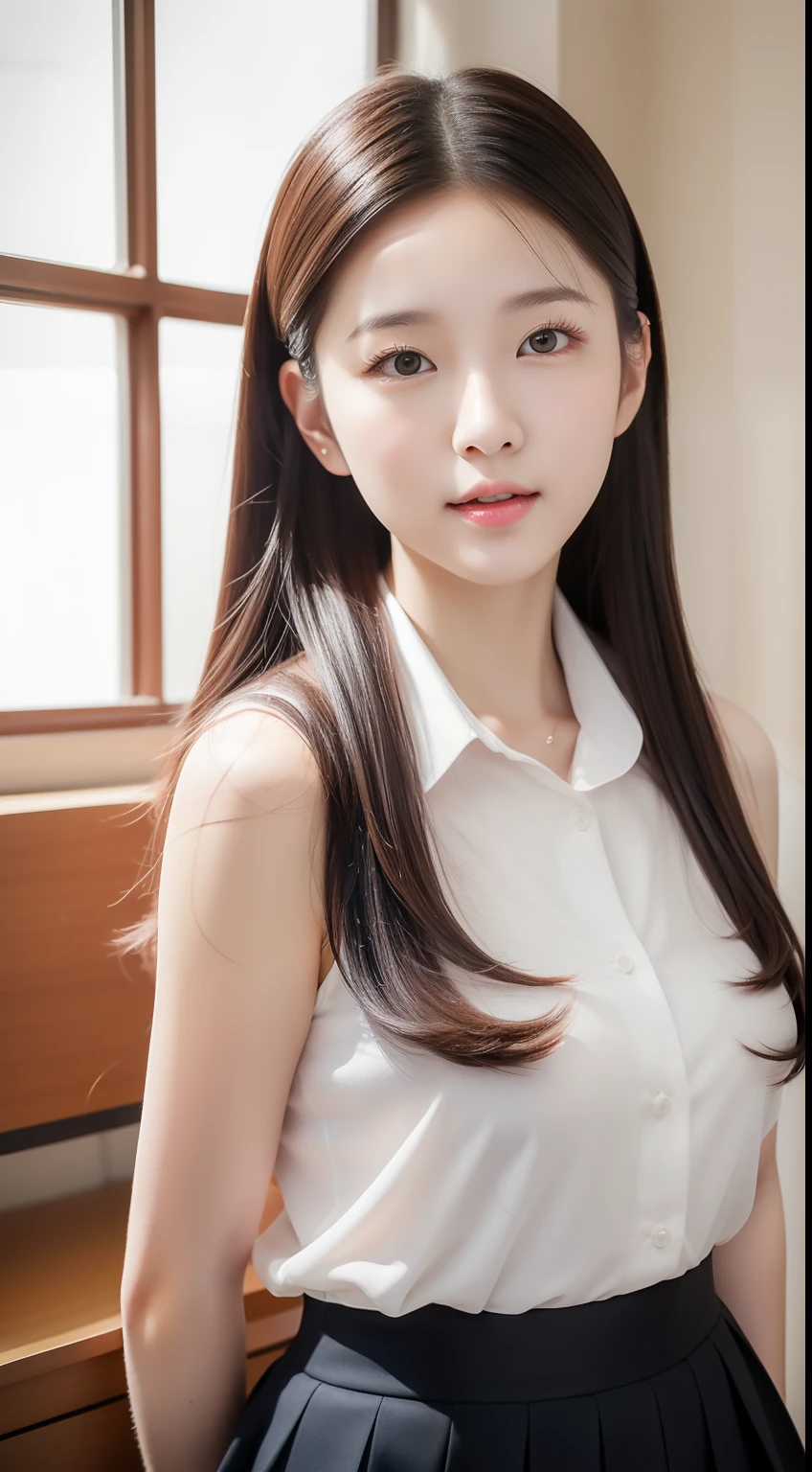 realistic photos of 1 cute Korean star, hair behind ears, white skin, thin makeup, 32 inch breasts size, wearing polite teacher, in the classroom, upper body portrait, Color Field painting, UHD