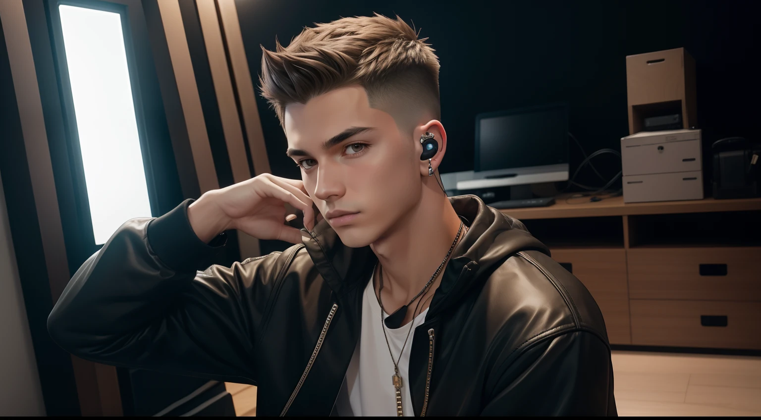 young man name urban legend with short spiky hair in Studio siting seeing camera front show full body with airpods in ears