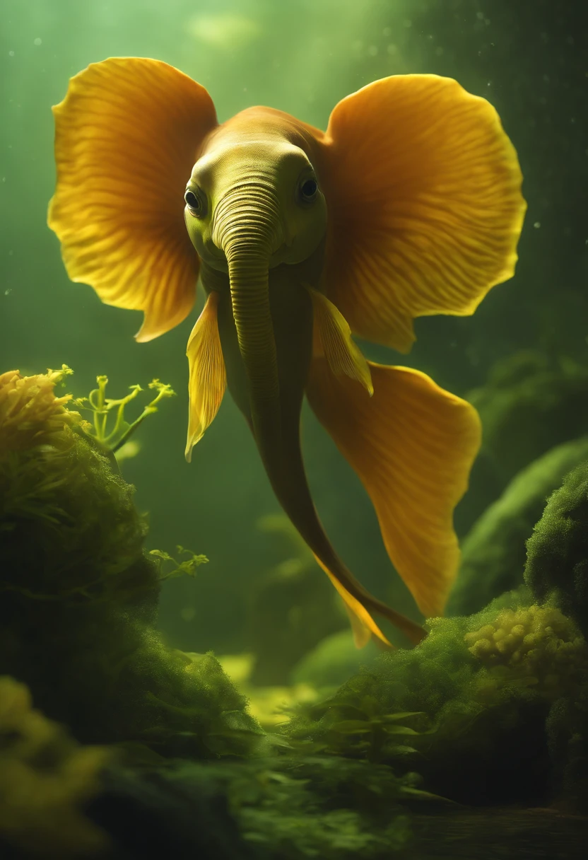 Cute humanoid fish，sprout，Artistically，Fishtail，fish's heads，Elephant ears，amarelo，Humanoid body