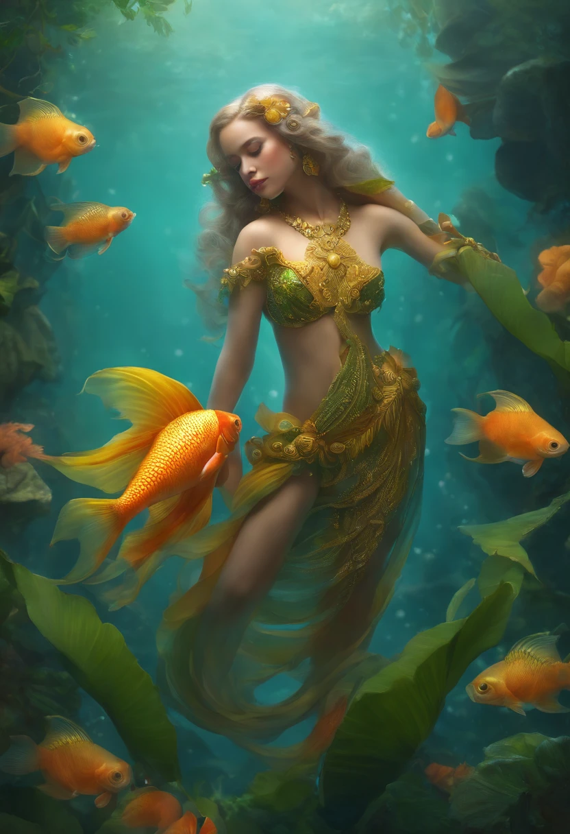 Cute humanoid fish，sprout，Artistically，Fishtail，fish's heads，Elephant ears，amarelo，Humanoid body