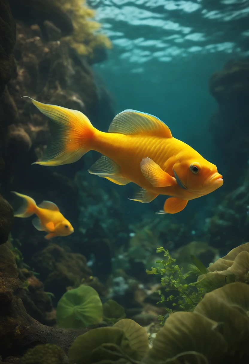 Cute humanoid fish,sprout,Artistically,Fishtail,fish's heads,Elephant ears,amarelo,Humanoid body