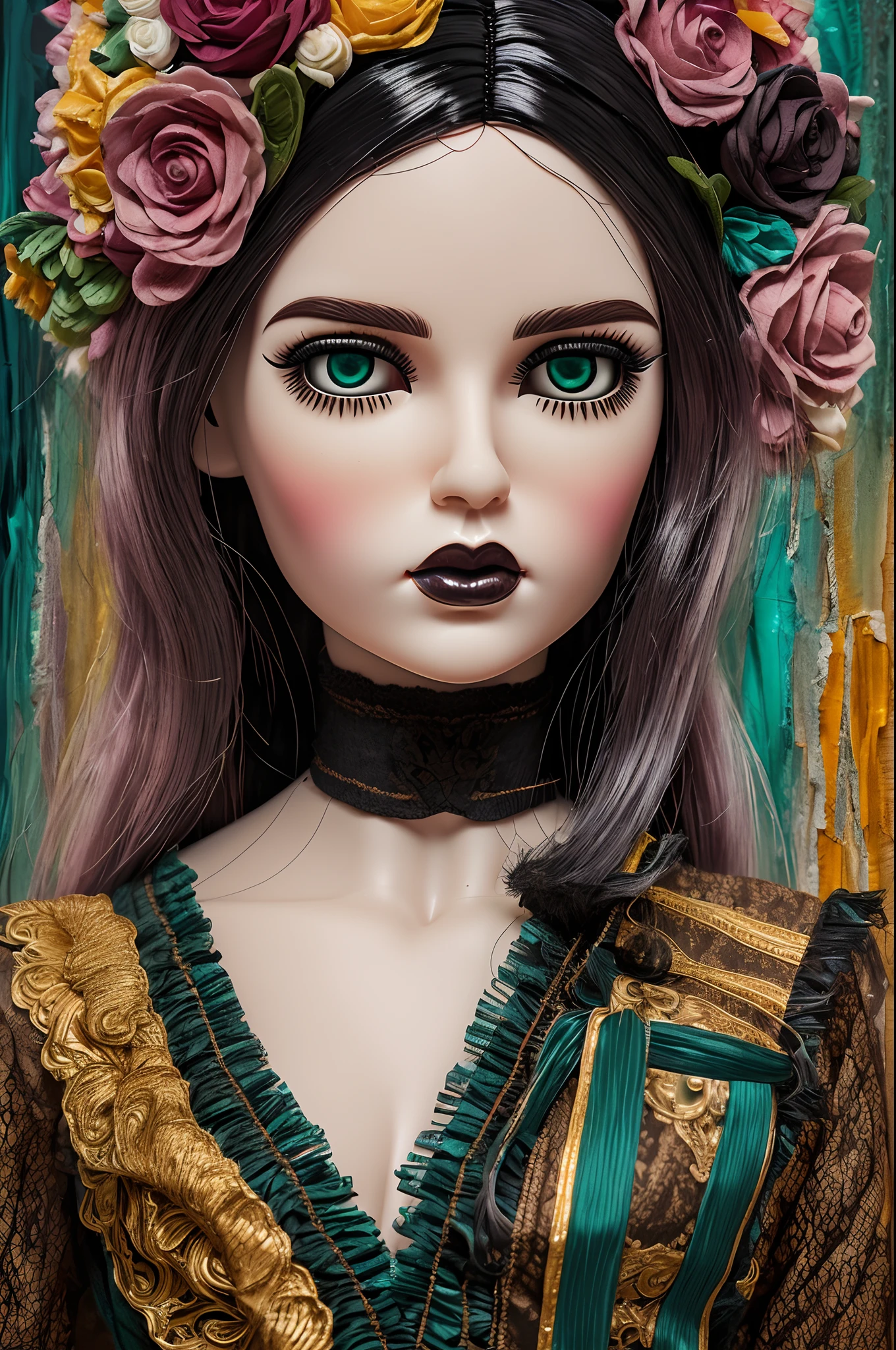 алый сладкий bjd Doll, ssmile, Strong Gothic Makeup, Headband on black hair, Big bangs to the eyes, in a classic doll dress with a corrugated hem and tulle ruffles, A cat's head sticks out of the pocket of his dress, Gloomy foggy atmosphere, surrealism, The absurdity of cuteness, attractiveness and rejection of extraordinary appearance, Malachite Tapestry, ((Стиль Francesco-Francavilla)), ((A hyper-realistic)), Gradient by style, Complicated details, Intricate, aesthetics. Palette knife-oil painting, ((Best Quality, tmasterpiece)), (extreme hight detail), impressionism:0.2, Octane Render, 8K