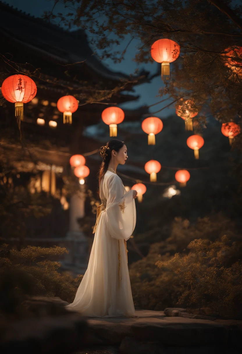 tmasterpiece,超高分辨率,Photorealistic photos,the night,Full body portrait of a Chinese fairy,Delicate face,Delicate hair accessories,Barefoot,Float in the air,Look up at the perspective,Huge palace,The Milky Way and the Giant Moon,Gauze skirt Hanfu,an osmanthus tree,Osmanthus flutters,