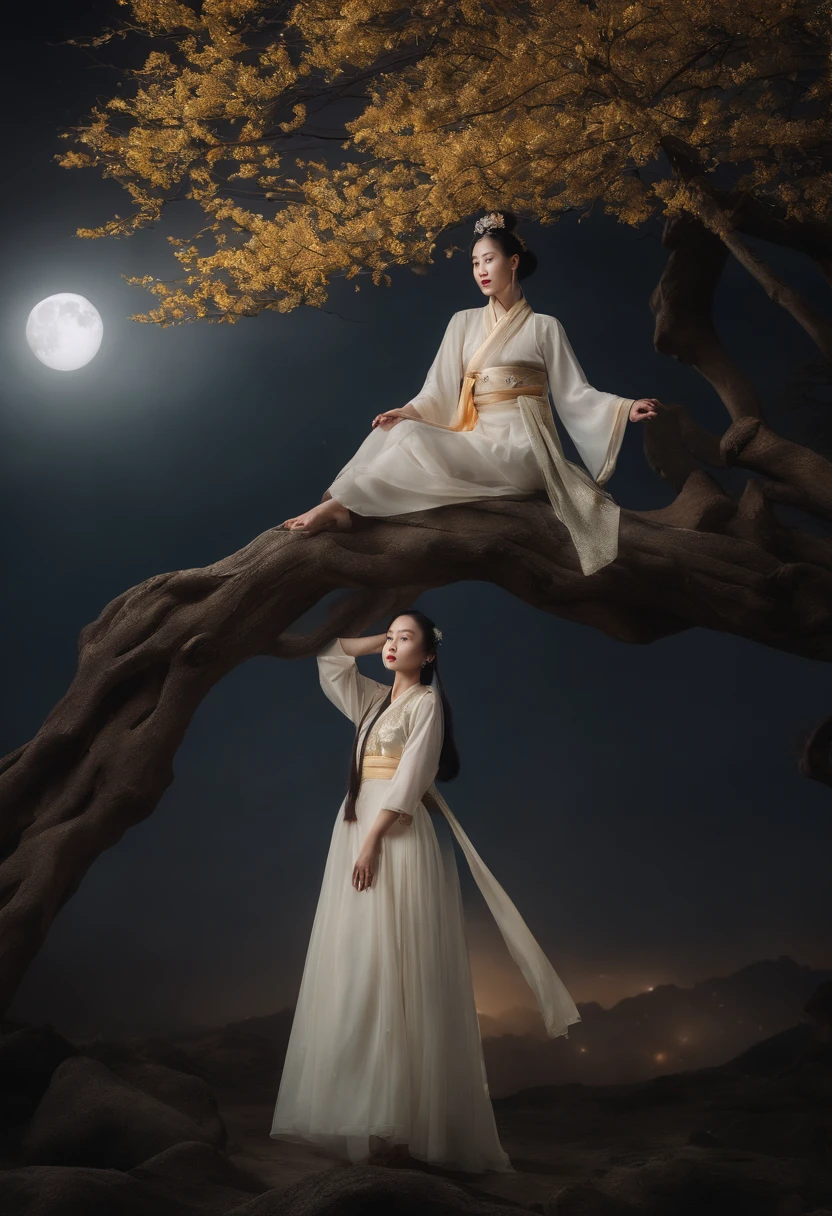 tmasterpiece,超高分辨率,Photorealistic photos,the night,Full body portrait of a Chinese fairy,Delicate face,Delicate hair accessories,Barefoot,Float in the air,Look up at the perspective,Huge palace,The Milky Way and the Giant Moon,Gauze skirt Hanfu,an osmanthus tree,Osmanthus flutters,
