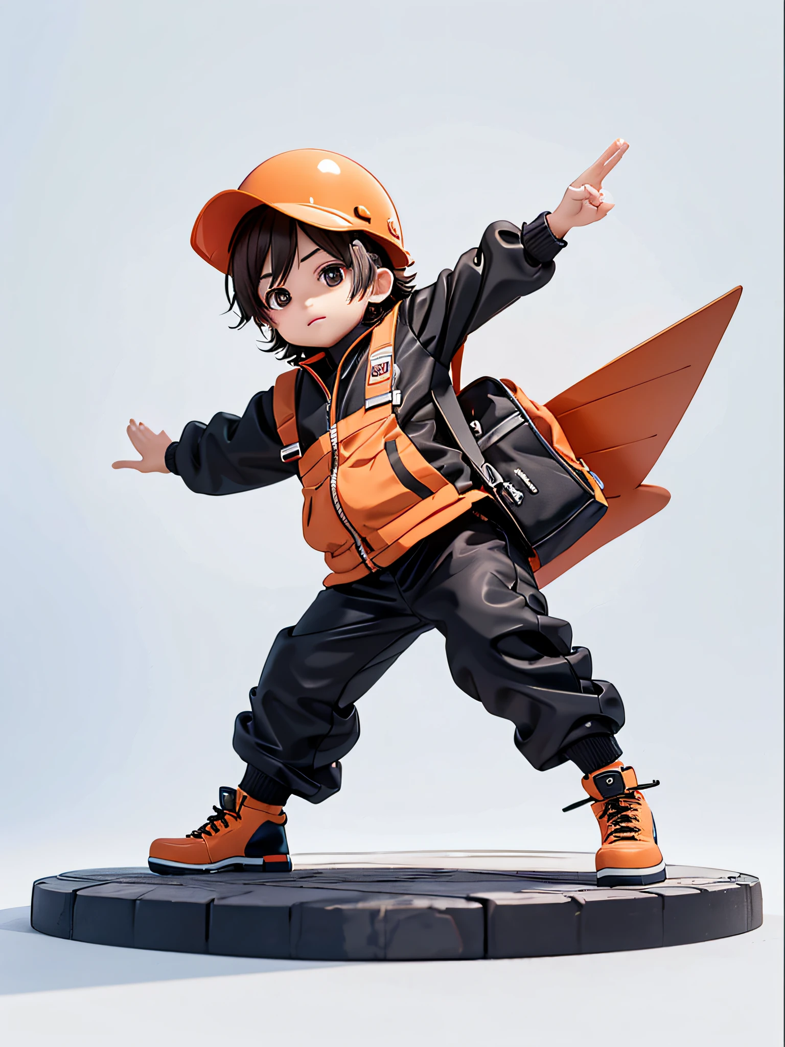 人物: 10 year old boy, Short brown hair, Black eyes, helmet on，Wearing a construction worker's uniform，Construction worker reflective orange clothing，black long pants，Lively posture，Different angles, Different Perspectives, Different angles, Different Perspectives，, Different perspectives fantastic ladybug style, hat ornament，Steel blocks, Pieces of iron、Steel structure decoration，gear wheel，White background -- 3:2, Character styling，Pop Mart's super cute little boy IP， A chubby face, Chinese style, full bodyesbian, Clean background, Studio light, Hyper-detailing，3D, c4dblender，OC renderer, Ultra HD，3d rendered model, a blind box toy, Smooth and delicate, Clean background，a 3D render, Extreme detail, 8K, Extreme clarity, High sharpening, Ray tracing, particle fx, Studio lighting, The Rembrandt effect, HD quality, High-definition color contrast