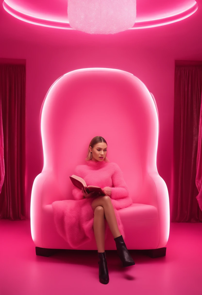 There is a woman sitting in a chair with a book, Pink light, inspired by Ray Caesar, pinkish lighting, pink lighting, Aura pink, woman looks like Gigi Hadid and Bella Hadid, she is sitting in a pink fluffy chair, cpink matrix light,, inspired by Chris LaBrooy, retrofuturistic female android, Dramatic pink lighting, android heroine, pink light, Biophilia mood. The woman is wearing pink midi dress and black boots on heels, her hair is in a sleek bun