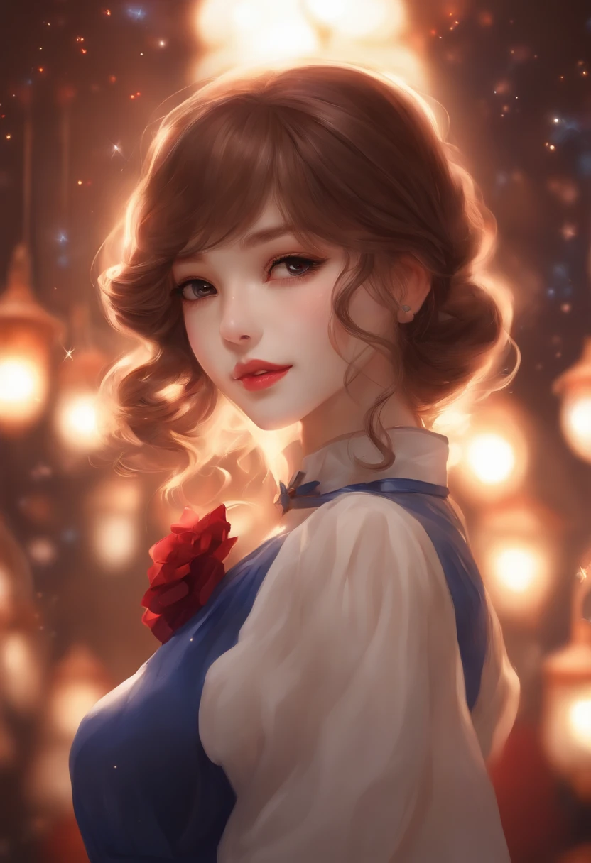 (extremely delicate and beautiful: 1.2), 1girl, bangs, blue eyes, blur, blur background, bow, brown hair, shut up, side view, hair between eyes, hair bow, lantern, light particles, long sleeves, look looking at audience, medium hair, night, red bow, solo, stars(symbol), upper body, smile, red lips
