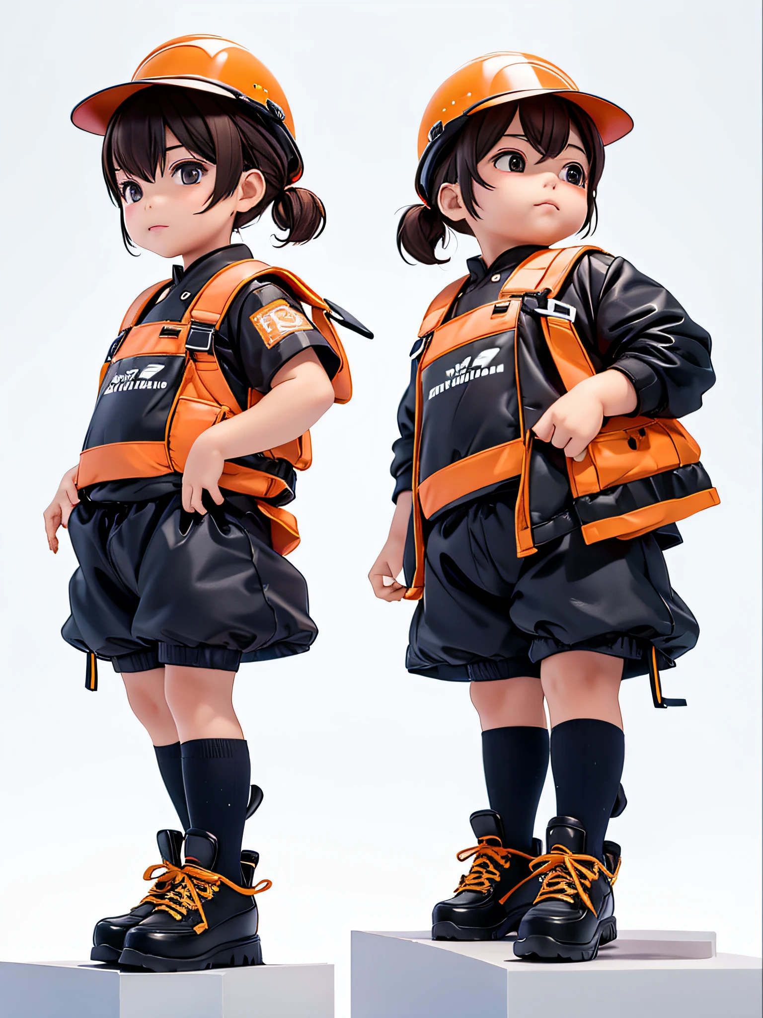 人物: 10 year old boy, Short brown hair, Black eyes, helmet on，Wearing a construction worker's uniform，Construction worker reflective orange clothing，Lively posture，Different angles, Different Perspectives, Different angles, Different perspectives fantastic ladybug style, hat ornament，Steel blocks, Pieces of iron、Steel structure decoration，gear wheel，White background -- 3:2, Character styling，Pop Mart's super cute little boy IP， A chubby face, Chinese style, full bodyesbian, Clean background, Studio light, Hyper-detailing，3D, c4dblender，OC renderer, Ultra HD，3d rendered model, a blind box toy, Smooth and delicate, Clean background，a 3D render, Extreme detail, 8K, Extreme clarity, High sharpening, Ray tracing, particle fx, Studio lighting, The Rembrandt effect, HD quality, High-definition color contrast