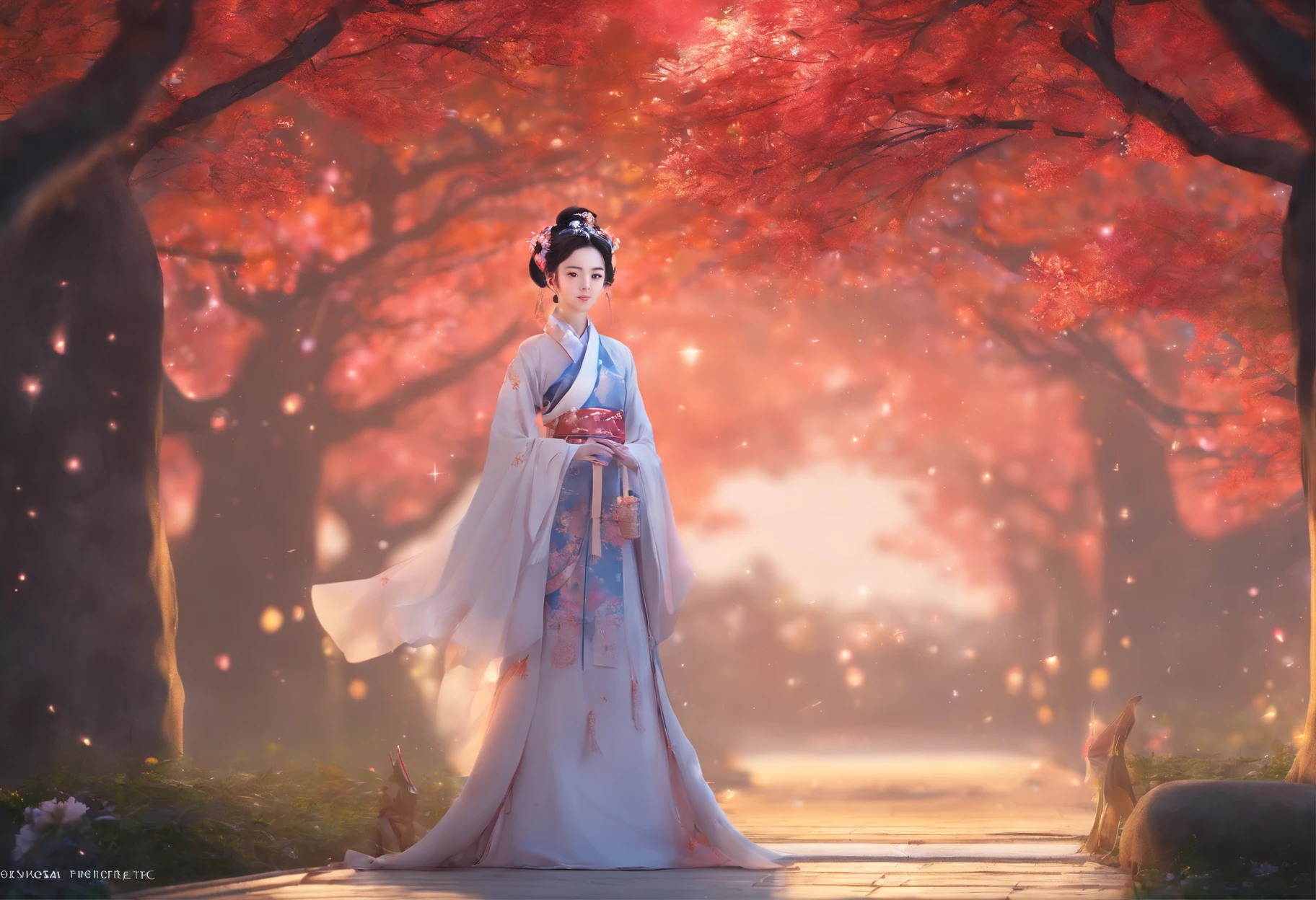 tmasterpiece，超高分辨率，Photorealistic photos，the night，Full body portrait of a Chinese fairy，Delicate face，Delicate hair accessories，Barefoot，Float in the air，Look up at the perspective，Huge palace，The Milky Way and the Giant Moon，Gauze skirt Hanfu，an osmanthus tree，Osmanthus flutters，