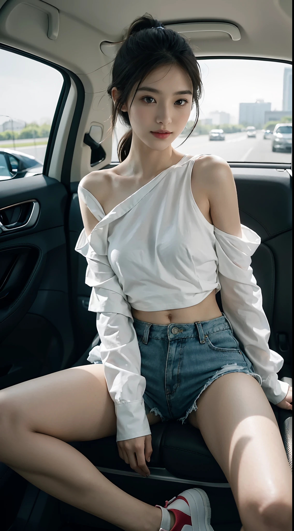 ((Small underboob)), (shoulder-length straighthair: 1.2), Black hair,Short ponytail，Upper body, （Extremely meticulous CG 8k wallpaper），（Extremely refined and beautiful），（Masterpiece），（best qualtiy：1.0），（Ultra High Resolution：1.0），beautiful light up，Perfect lightning，realistic shaded，[A high resolution]，Smooth and flawless fair skin，Extremely exquisite facial details，（perfect body：1.1），ultra - detailed，A beautiful girl，small head，(Small breasts:1.1)，Flat chests，slim，thin，Smile，cheerfulness，（white collared long sleeved shirt:1.1），（blue shorts：1.1），White sneakers，Summer，Morning，sitting in a spacious private car，A female driver，Place hands on the steering wheel，driving car,Looking forward in the direction of the vehicle's movement， Close Shot，