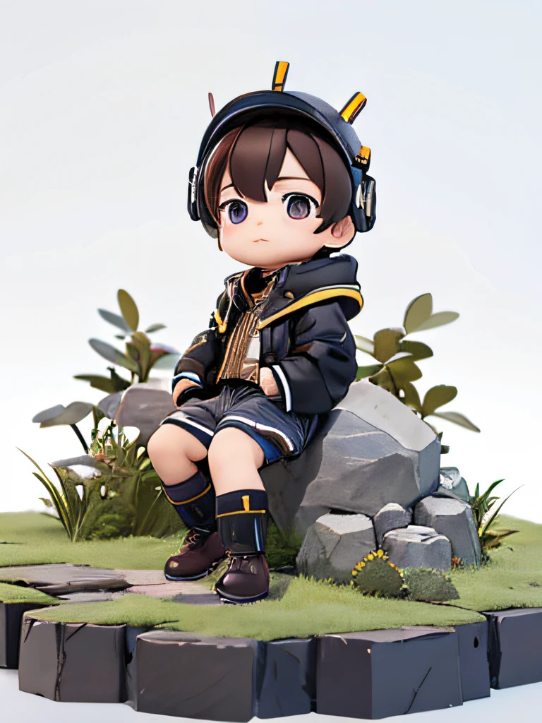 人物: 10 year old boy, Short brown hair, Black eyes, helmet on，Wears a mechanical style jacket with gears and brown boots，sitting on the stone，steins，Sit Pose，sitting on the stone，Different angles, Different Perspectives, Fantastic ladybug style, White background -- 3:2, Character styling，Pop Mart's super cute little boy IP， A chubby face, Chinese style, full bodyesbian, Clean background, Studio light, Hyper-detailing，3D, c4dblender，OC renderer, Ultra HD，3d rendered model, a blind box toy, Smooth and delicate, Clean background，a 3D render, Extreme detail, 8K, Extreme clarity, High sharpening, Ray tracing, particle fx, Studio lighting, The Rembrandt effect, HD quality, High-definition color contrast