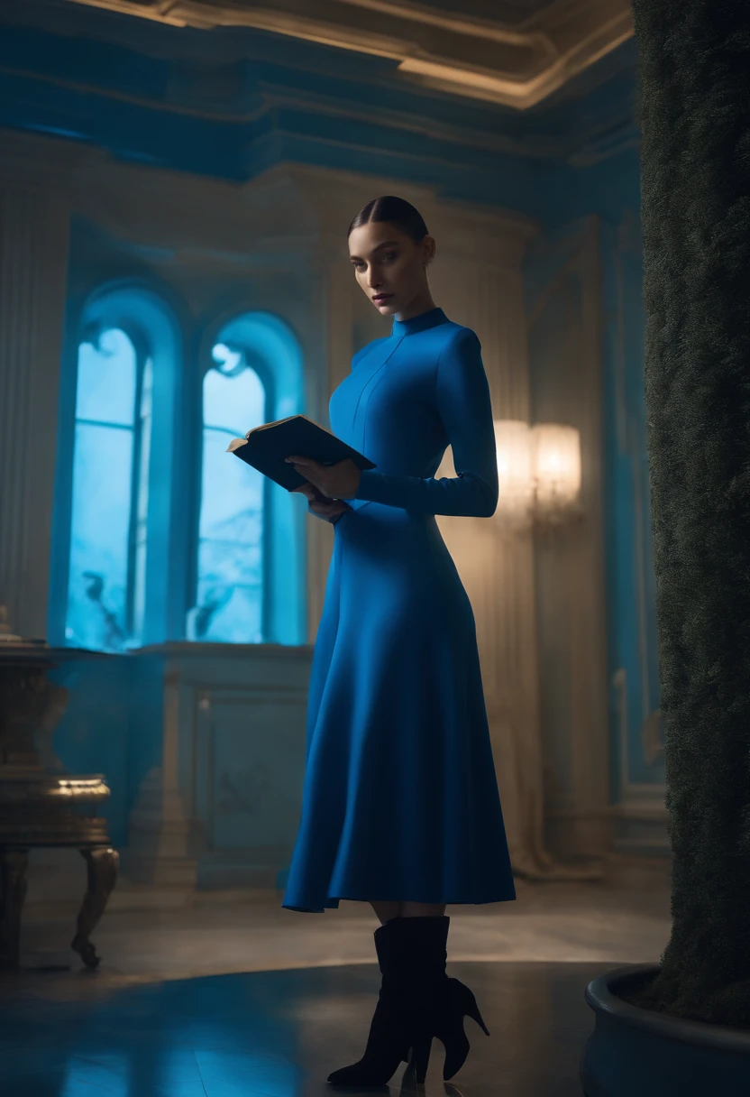 There is a woman standing in a blue room with a book, blue light, inspired by Ray Caesar, blueish lighting, blue lighting, Aura light blue, woman looks like Gigi Hadid and Bella Hadid, she is standing next to black panther, blue matrix light,, inspired by Chris LaBrooy, retrofuturistic female android, Dramatic blue lighting, android heroine, blue light, Biophilia mood. The woman is wearing black midi dress and blue boots on heels, her hair is in a sleek bun.