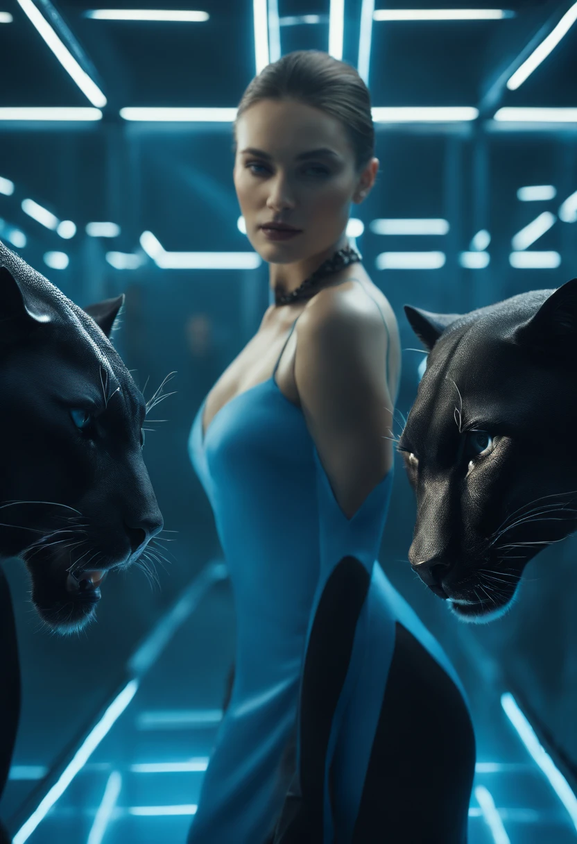 There is a woman standing in a blue room with a book, blue light, inspired by Ray Caesar, blueish lighting, blue lighting, Aura light blue, woman looks like Gigi Hadid and Bella Hadid, she is standing next to black panther, blue matrix light,, inspired by Chris LaBrooy, retrofuturistic female android, Dramatic blue lighting, android heroine, blue light, Biophilia mood. The woman is wearing black midi dress and blue boots on heels, her hair is in a sleek bun.