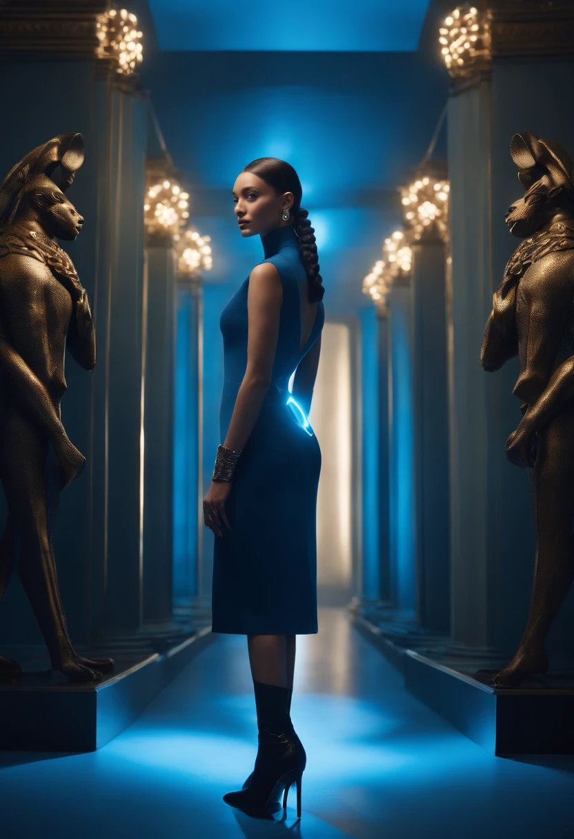 There is a woman standing in a blue room with a book, blue light, inspired by Ray Caesar, blueish lighting, blue lighting, Aura light blue, woman looks like Gigi Hadid and Bella Hadid, she is standing next to black panther, blue matrix light,, inspired by Chris LaBrooy, retrofuturistic female android, Dramatic blue lighting, android heroine, blue light, Biophilia mood. The woman is wearing black midi dress and blue boots on heels, her hair is in a sleek bun.