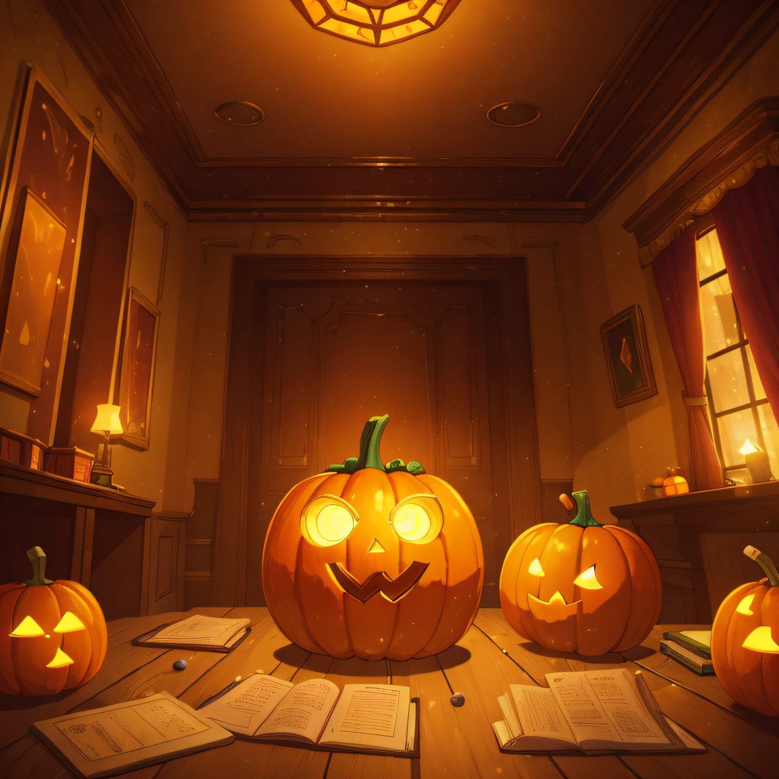 (best quality, high quality:1.3), CG, dramatic lighting, highly detailed, Bokeh, a room full of glowing riddles and puzzles, and a lonely magical talking pumpkin