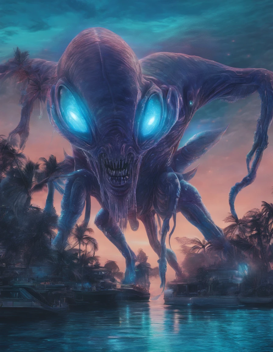 Walk, Hands and feet, Big eyes, Monster, (((Humanoid translucent alien creature))), Light, Blue light,, Ocean, Plants in the water,Rich in color