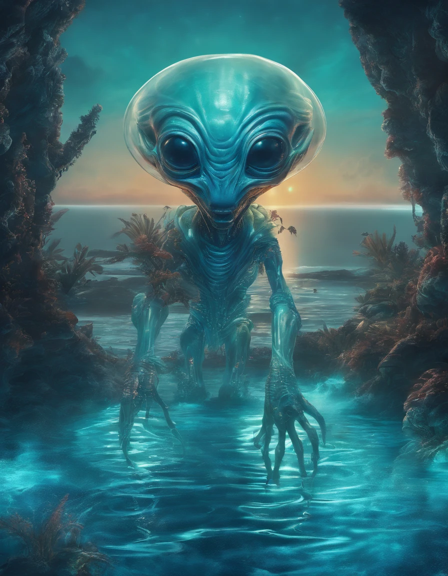 andar, hands and feet, olhos grandes, Water Sprites，semi transparente，adolable, (((Translucent humanoid alien creature))), Luz, luz azul, verde preto oceano, Plants in the water,Rico em Cores，lighting effects