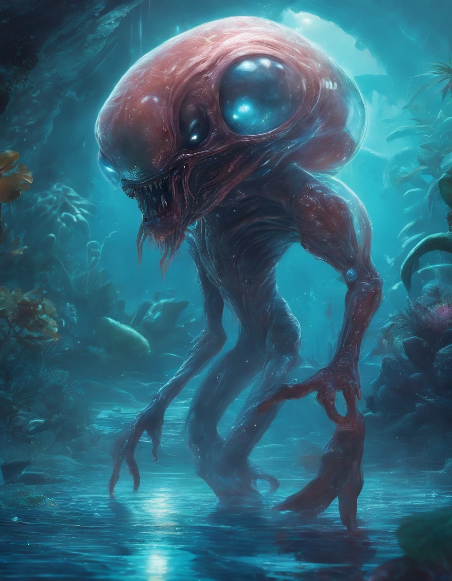 Walk, Hands and feet, Big eyes, Monster, (((Humanoid translucent alien creature))), Light, Blue light,, Ocean, Plants in the water,Rich in color