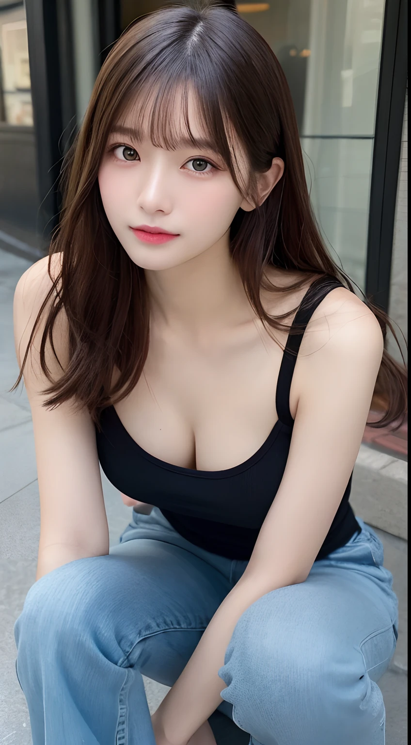 finely detail, hight resolution, hightquality、Perfect dynamic composition, Beautiful detailed eyes, Medium Hair, small tits、Natural Color Lip,Kamimei、Shibuya、20 years girl、1 persons、Transparent skin、Glowing hair、masutepiece, Best Quality, Illustration, Ultra-detailed, finely detail, hight resolution, 8K、The correct state of the human body、crouching down、Gravure Model Pose,Hair soaring in the wind