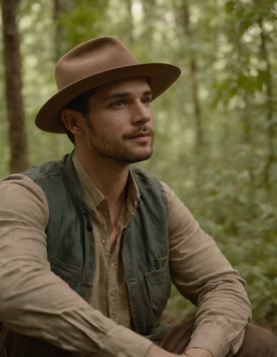 homem novo de chapeu sentado na floresta,medium long shot