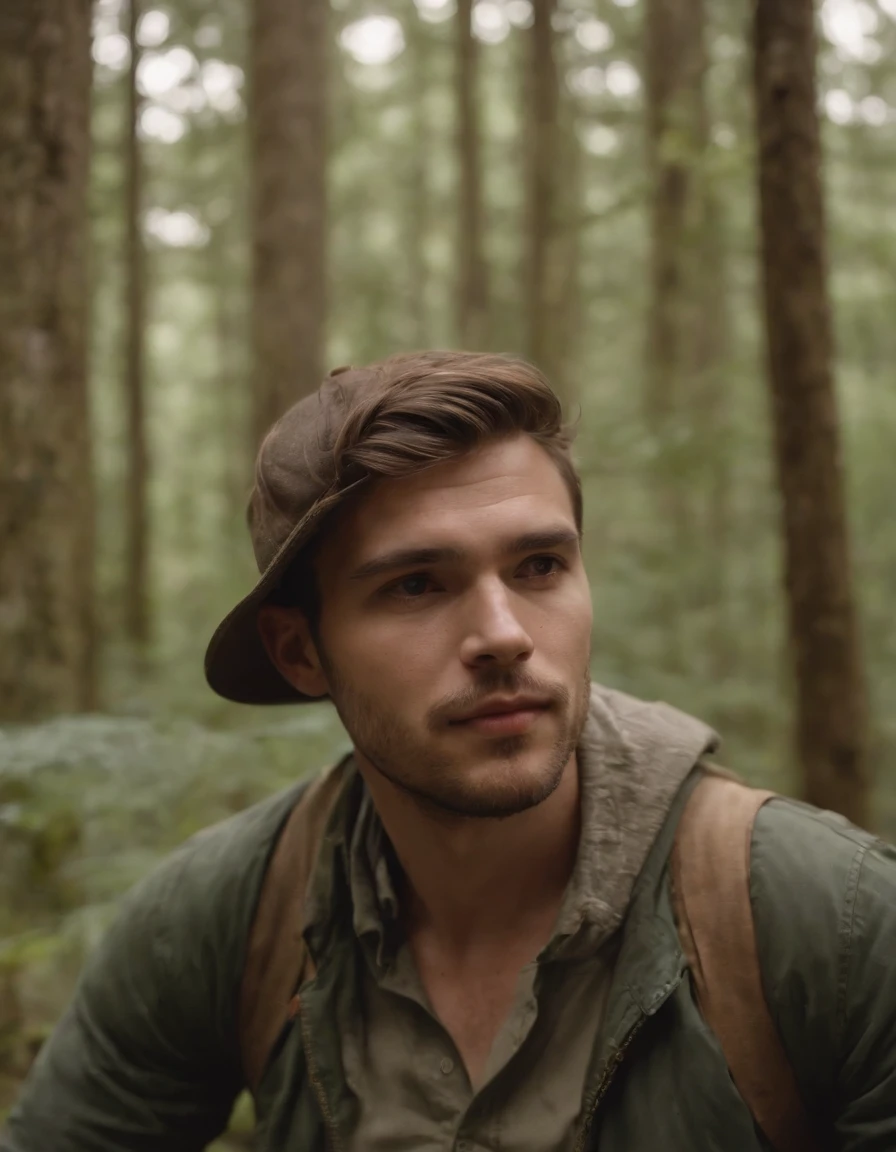 homem novo de chapeu sentado na floresta,medium long shot