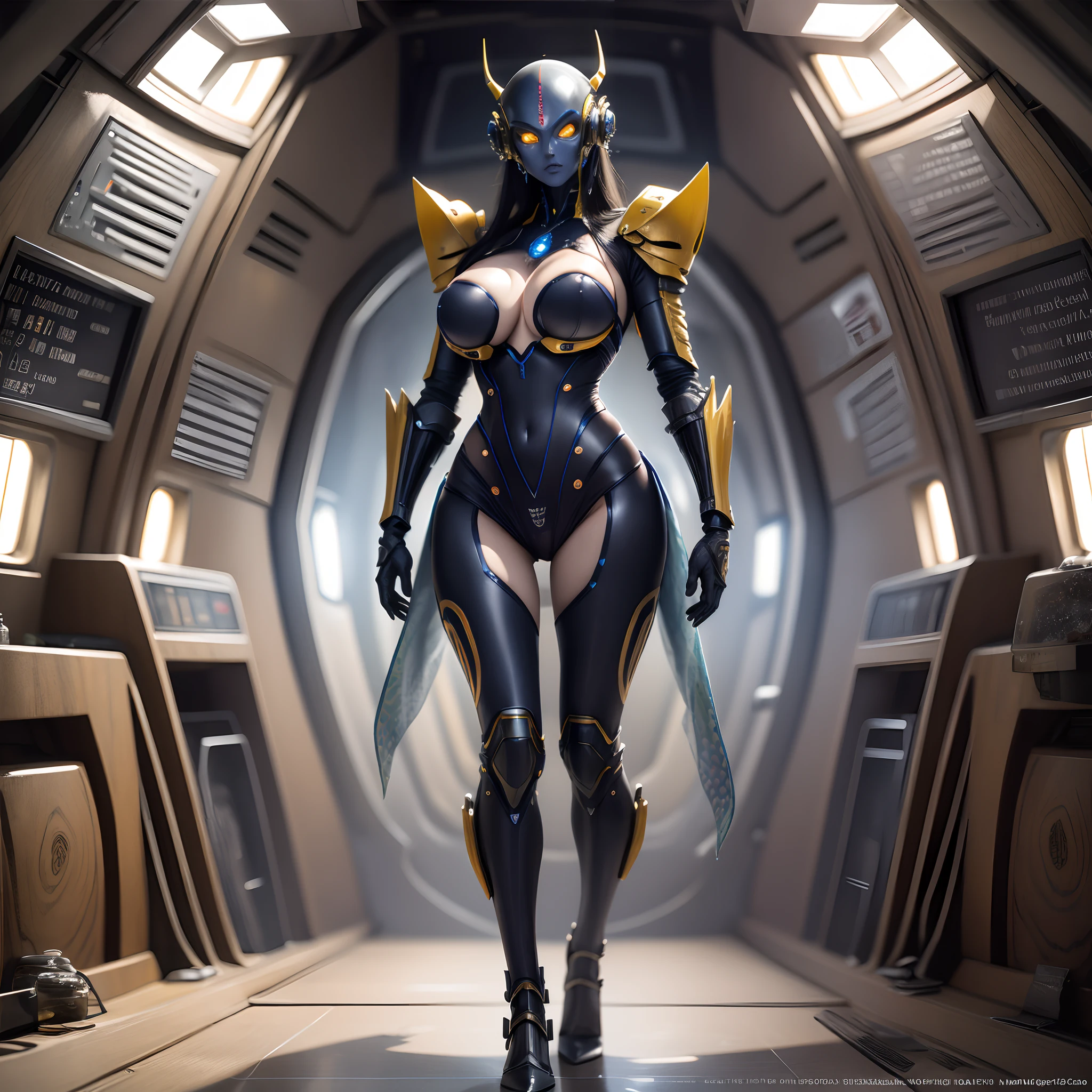 An alien in biological armor(femele),Inside the spaceship,glass window,Character side face,starrysky, hyper HD, Anatomically correct, Super detail, Textured skin, High details, Best quality, 1080p, 16k, A high resolution