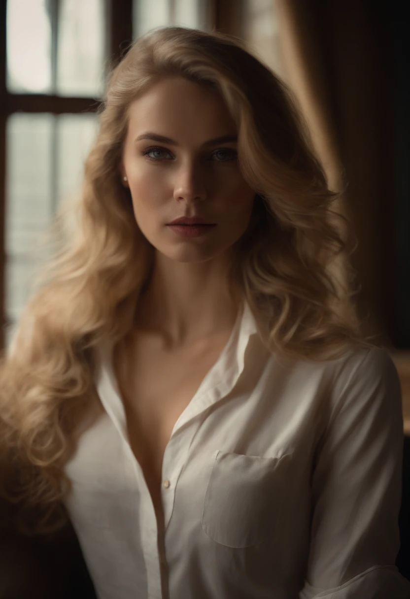 professionnel, (Photo 4K:1.1) par (Jeremy Lipking:0.3), (Dittmann Anna:0.3), (jiner:0.3), (mise au point nette:1.3), High detail, Porter (low-cut shirt:1.2), beautifull detailed face, Yeux noisette, longs cheveux blonds, (attractive young woman:1.3), (Seductive:1.1), (rougissant:1.1), Forme du corps du sablier, gros seins ronds, Hanches larges, au lit, sexy