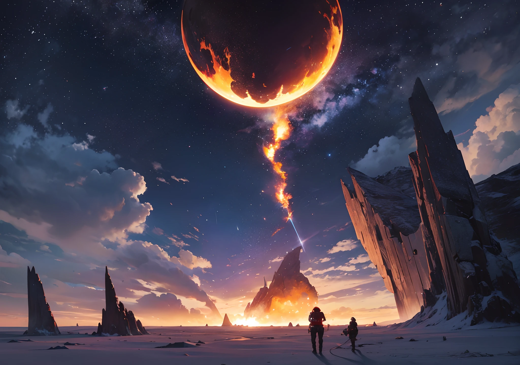 muchos soldados peleando en el futuro, el escenario esta cubierto de fuego, tambien esta de noche, hay dragones a lo lejos, se ve en el cielo el planeta tierra atacada por una nave espacial.