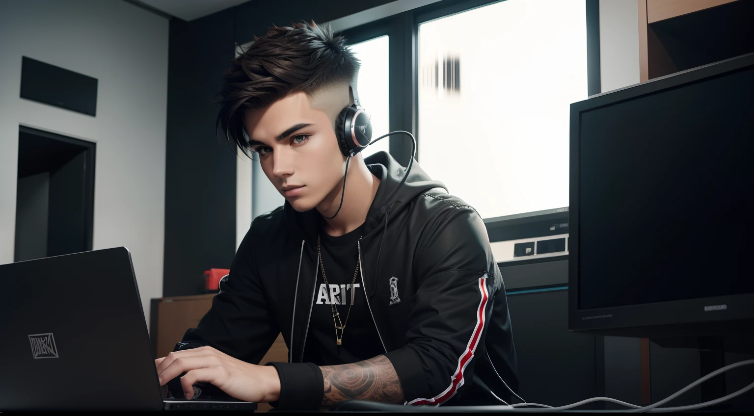 young man name urban legend with short spiky hair in Studio siting show full body with headphone in ears seeing camera front