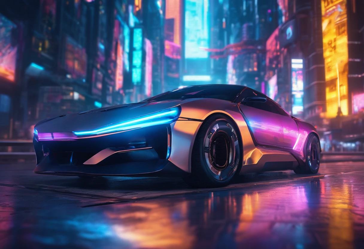 A cyberpunk car speeding through the future city, with a silver-white body, entered a silver-blue space-time tunnel, surrounded by light and shadow rays, looking up at an angle of 45 degrees.