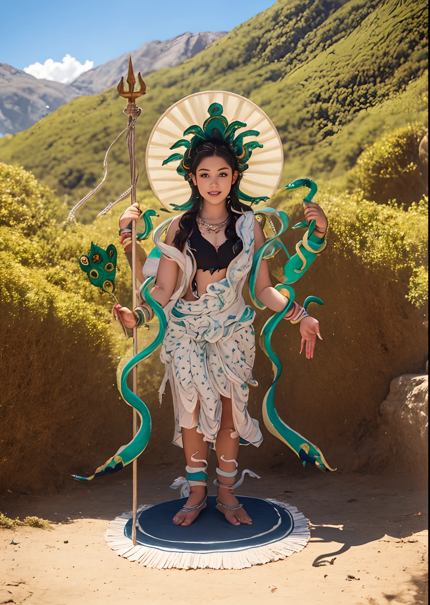 1girll，10 years old child，Stand in a valley full of mandala flowers，（（（Green skin））），Gem Necklace，Exquisite headdress，Long hair hanging down the shoulders，There are six snakes on top of their heads，Snake in hand，The body is decorated with snakes，Lightweight white tulle streamer，Four arms，A snake wrapped around his wrist，The ankles are wrapped around the snake，（The union of man and black snake），Solo, The waist is（（deerskin））, The upper body is covered（deerskin,） Holding a fan made of peacock essence in his hand， Trident weapons, Streamers，shaded_face, Pretty big breasts，Head background with round light，Alpine snow-capped mountains in the distance，Bright sky，Sunny picture，offcial art, (Extremely detailed Cg Unity 8K wallpaper), (Photorealistic:1.4), (Masterpiece), (Best quality:1.2)，Light and shadow tracking，Super HD