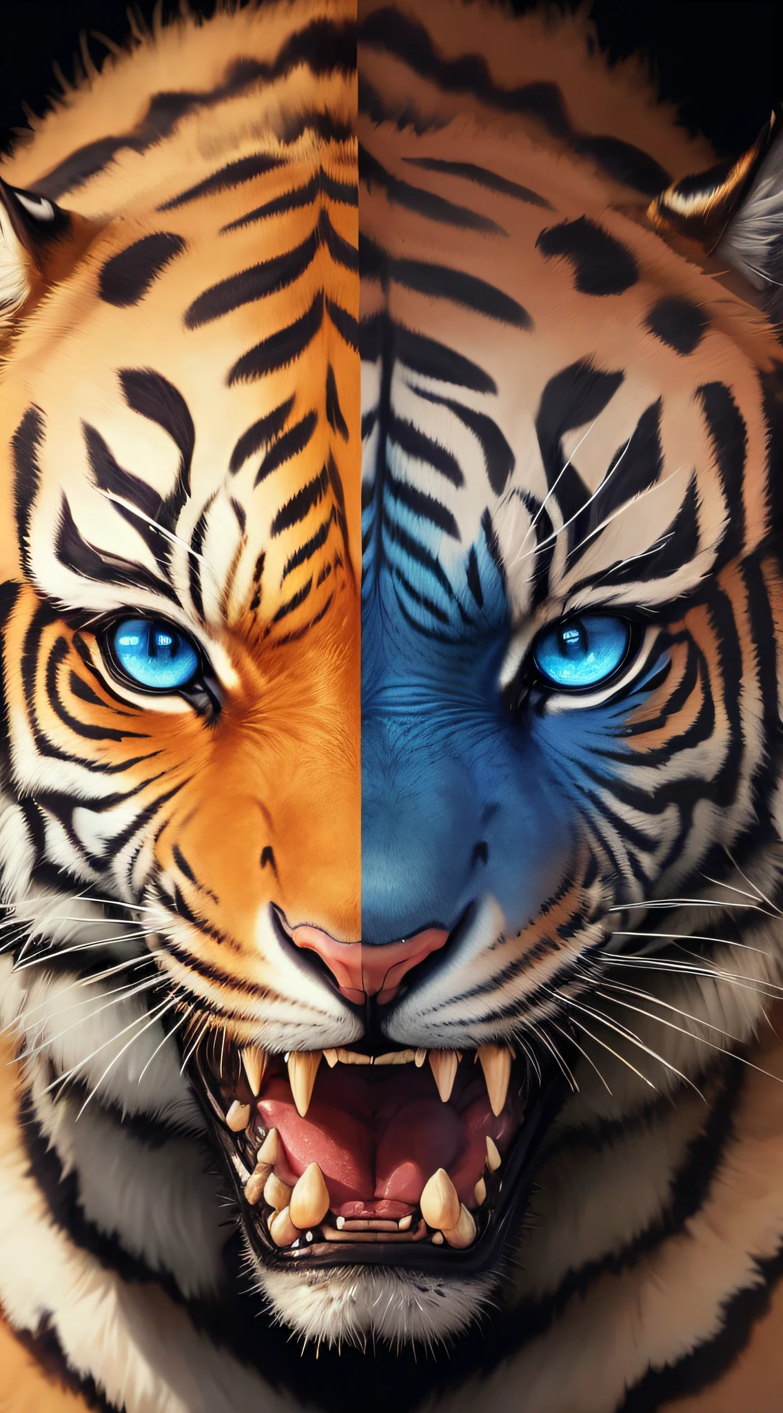 a close up of a tiger with blue eyes, a tiger, ((tiger)), tiger, tiger_beast, focused amber eyes, dream animal cute eyes, sacred tiger, tigers, half tiger, tiger skin, tiger face, with amber eyes, tiger stripes, tiger head, beautiful iphone wallpaper, dangerous & powerful creature, beautiful blue glowing eyes, digital art animal photo