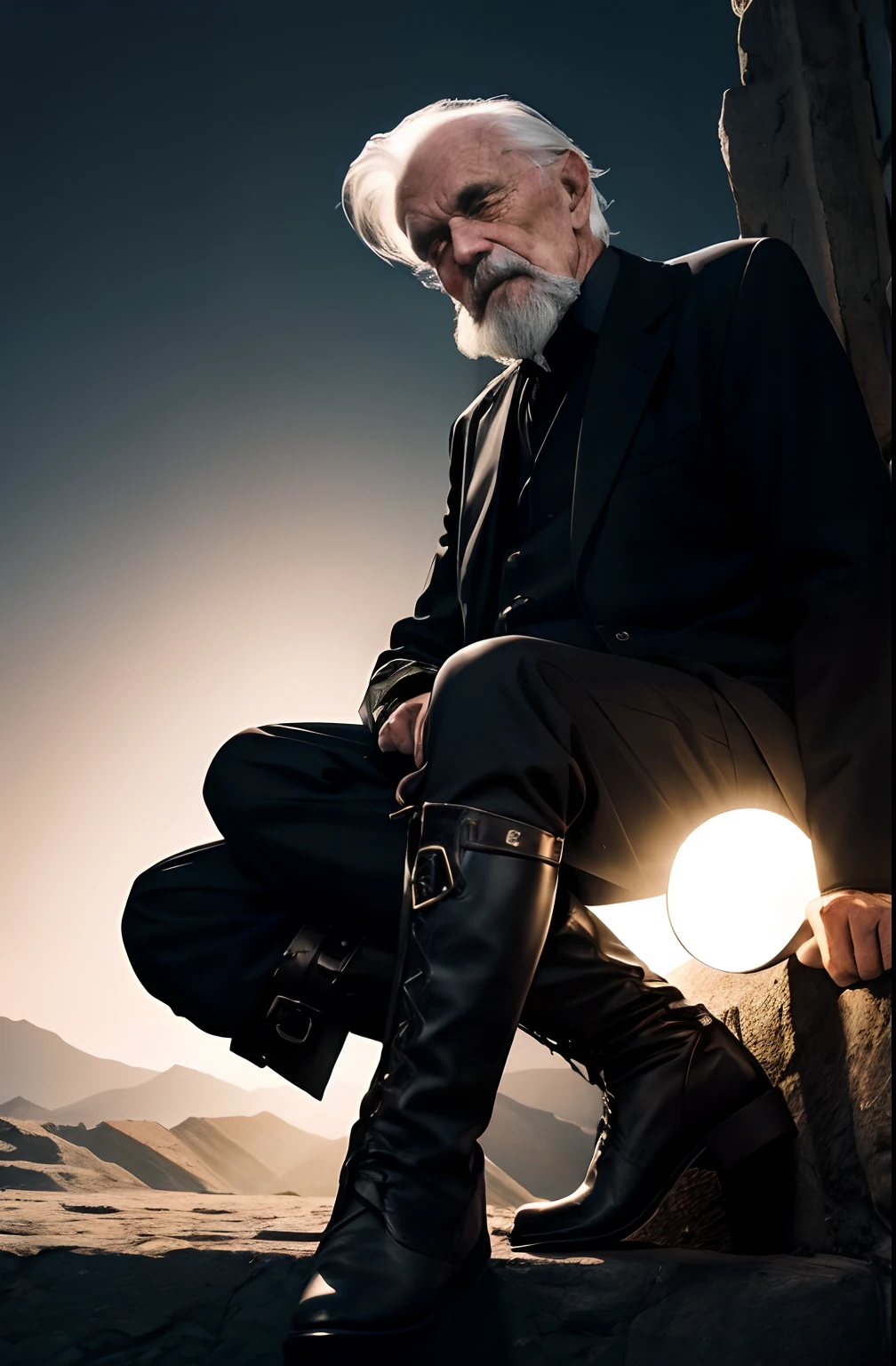 with a goatee，Old gentleman in black riding boots，Show off his boots，The light source is in the upper left corner。