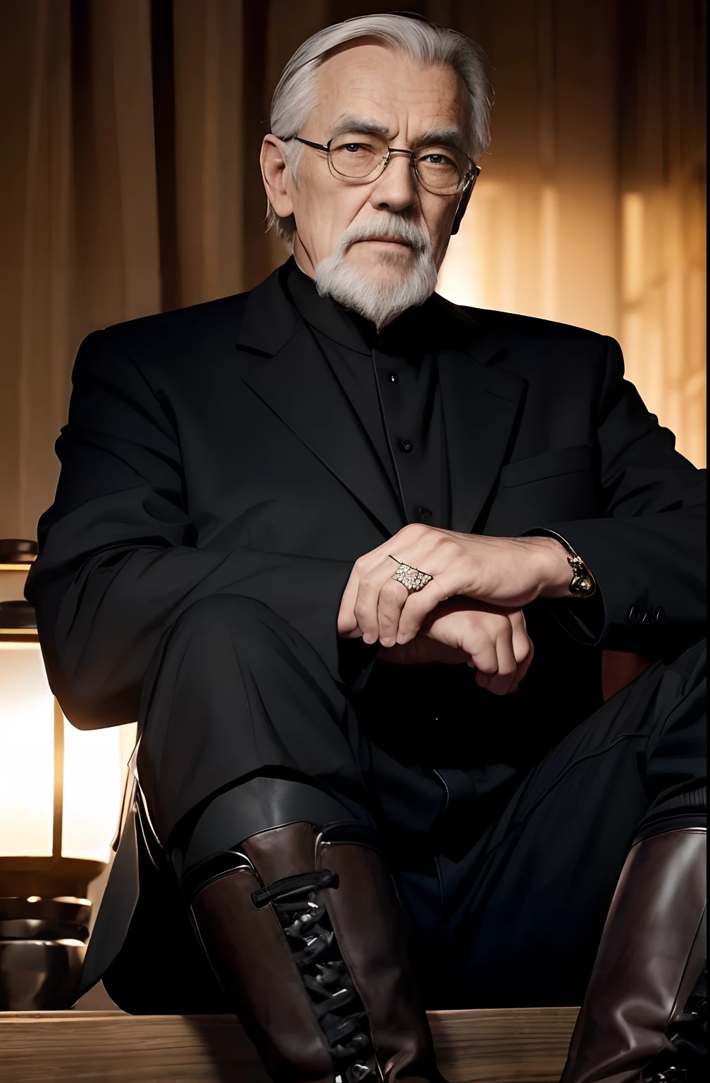 with a goatee,Old gentleman in black riding boots,Show off his boots,The light source is in the upper left corner。