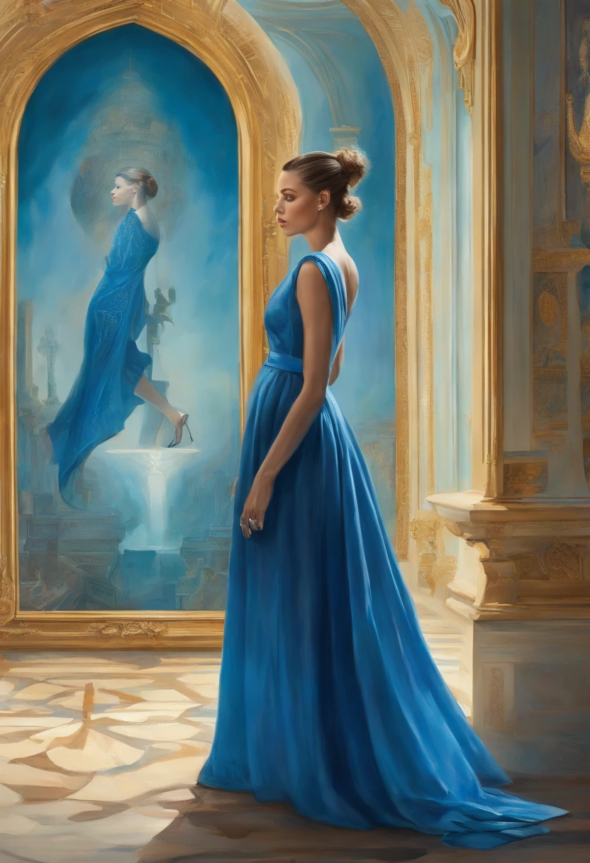 There is a woman standing in a blue room with a book, blue light, inspired by Ray Caesar, blueish lighting, blue lighting, Aura light blue, woman looks like Gigi Hadid and Bella Hadid, she is standing next to black panther, blue matrix light,, inspired by Chris LaBrooy, retrofuturistic female android, Dramatic blue lighting, android heroine, blue light, Biophilia mood. The woman is wearing black midi dress and blue boots on heels, her hair is in a sleek bun.