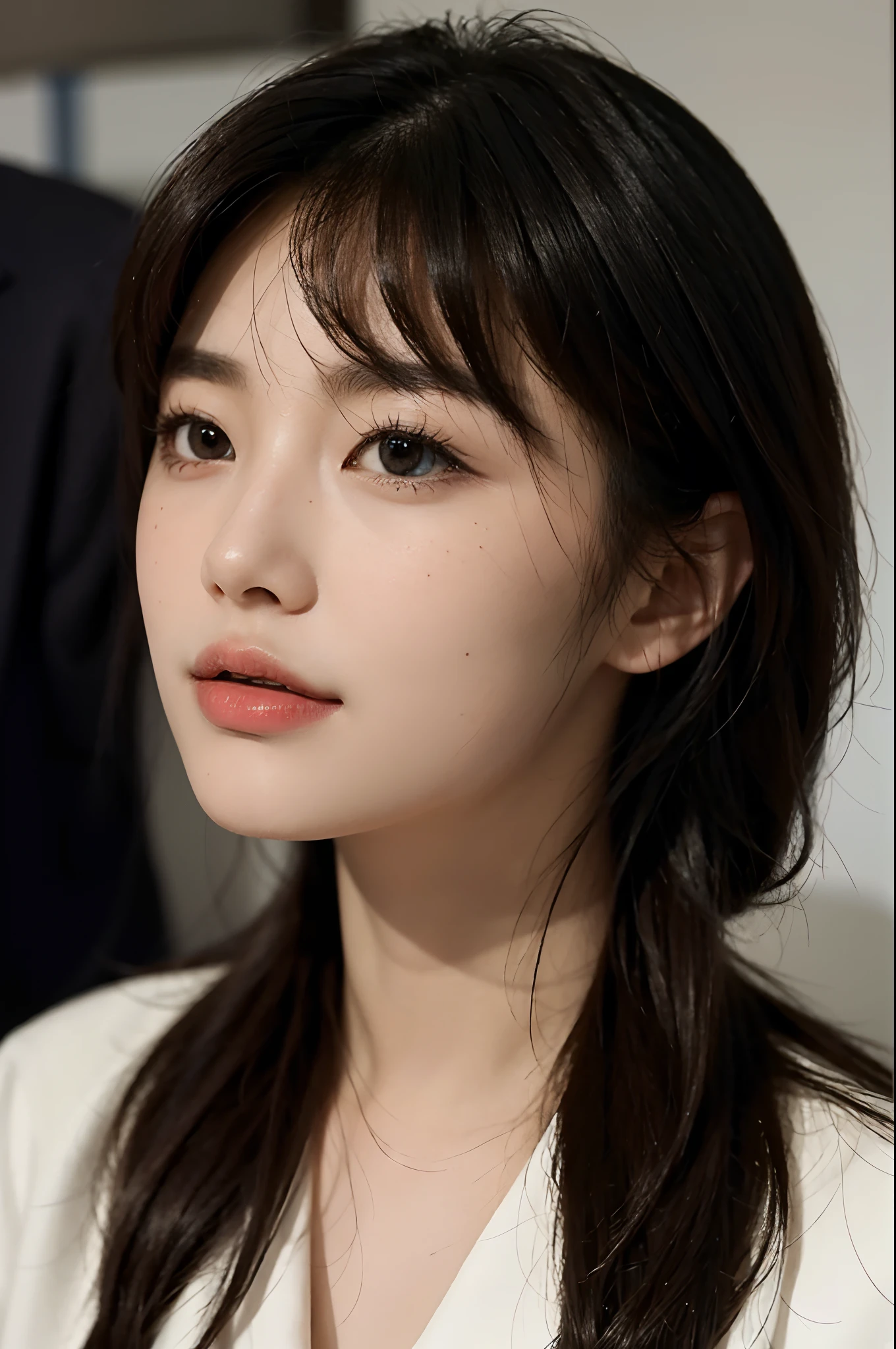High-res, Realistic portrait of professional korean office lady with perfect skin,Professional suits,Women's suits,stand posture,The upper part of the body,Women in the workplace,Show confidence and maturity, Surrounded by a modern corporate environment, Vibrant and naturally lit highlights. The artwork should emphasize her elegant facial features, Including charming long eyes, Fluttering eyelashes and seductive lips. The scene should be enhanced with elements of professionalism and visual appeal,For example, Stylish work desk, Mainframe computers, High-resolution display, and complex stationery. The overall tone should be warm and professional, Has a soft and natural color palette. The artwork should exude a sense of professionalism, Success, and cultural pride,The background is blurred out