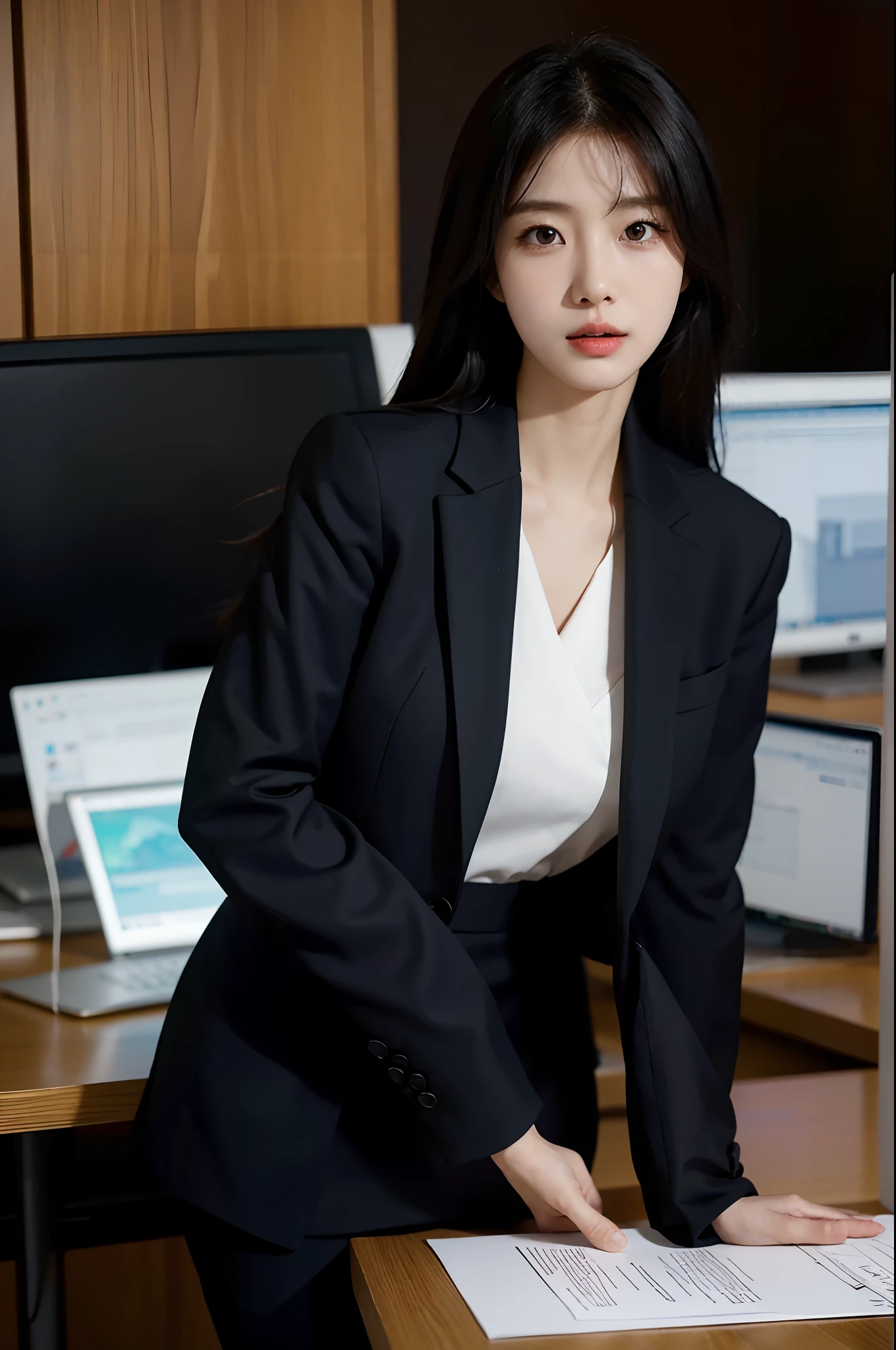 1girl, (european:1.3), 31 years old,Sophisticated, businesswoman's suit, (Jacket:1.1), (Shirt:1.1), (line wrap skirt:1.1),Accessories,Jewelry,Briefcase,Tights,Stockings,goosebumps,goose-flesh, (realistic:1.3), finely detailed, quality, (masterpiece:1.2), (photorealistic:1.2), (best quality), (detailed skin:1.3), (intricate details), dramatic, ray tracing, photograph, Wind surfboard, Bathed in shadows, Visual novel, boss office in Skyscraper, window with view on the city, film grain, Kodak gold 200, Depth of field 100mm, Flickr
