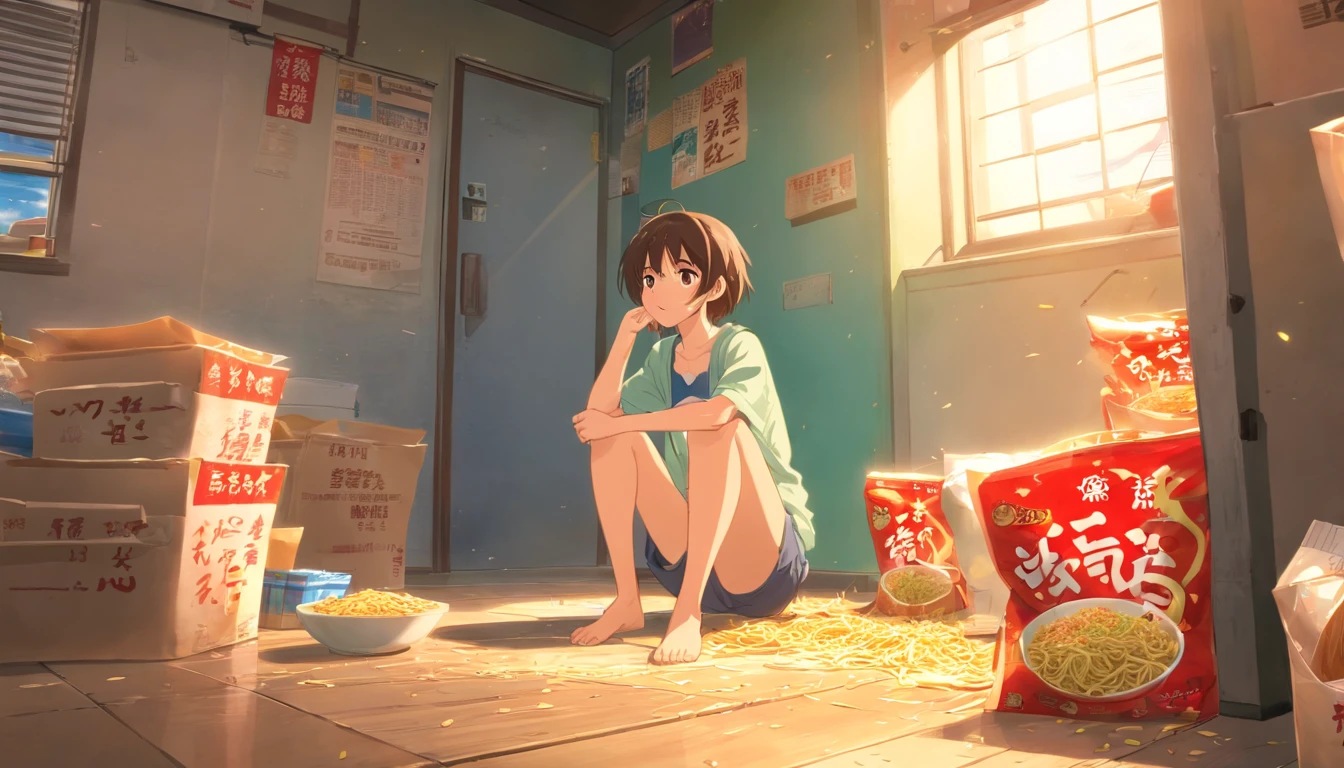 A young and emaciated person, wearing tattered clothes, squatting in a corner surrounded by empty instant noodle bags and bowls, emitting a depressing smell, ,in the style of the stars art group xing xing, 32k, best quality, masterpiece, super detail, high details