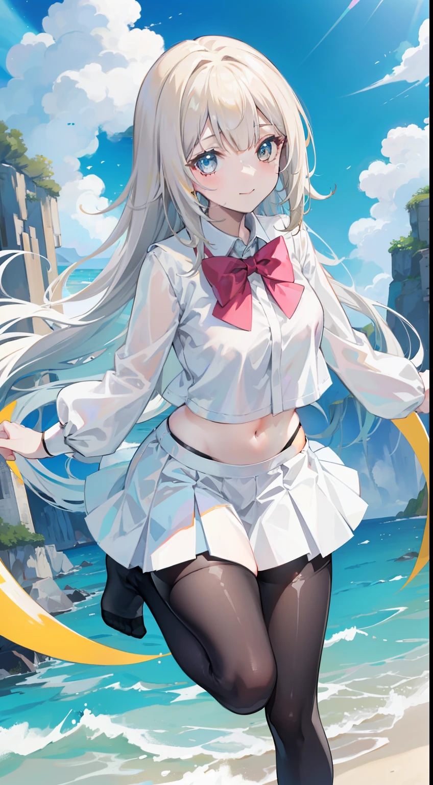 Masterpiece（（tmasterpiece）），（White color blouse），（（black micro skirt）），（Black transparent stockings），adolable，Smile shyly，（Long yellow）Hair，red bowtie，long leges，（Have by the sea），（Facing the sea），Open navel，No shoes on