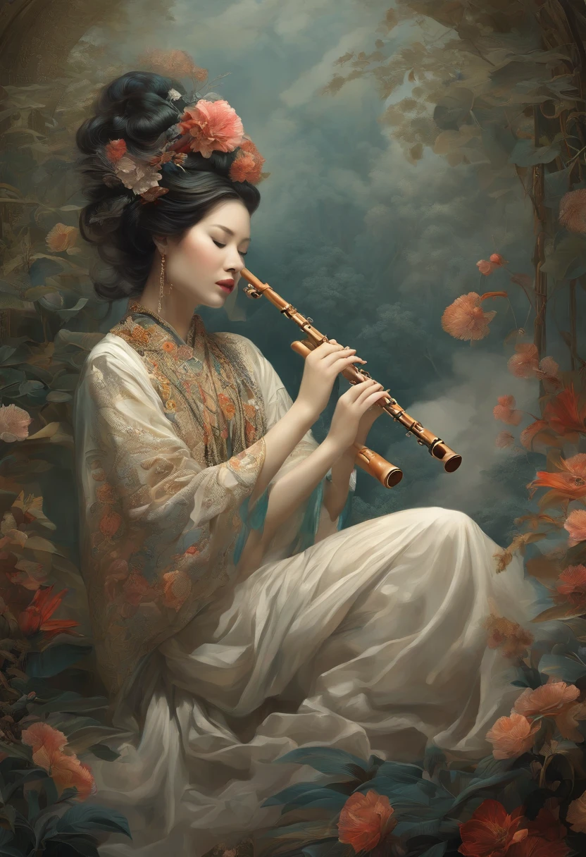 1ghost play the bamboo flute, official art, unity 8k wallpaper, ultra detailed, beautiful and aesthetic, masterpiece, best quality, (zentangle, mandala, tangle, entangle), (fractal art:1.3) extremely detailed, dynamic angle, cowboyshot, the most beautiful form of chaos, elegant, a brutalist designed, vivid colours, romanticism, by james jean, roby dwi antono, ross tran, francis bacon, michal mraz, adrian ghenie, petra cortright, gerhard richter, takato yamamoto, ashley wood, atmospheric, ecstasy of musical notes, streaming musical notes visible