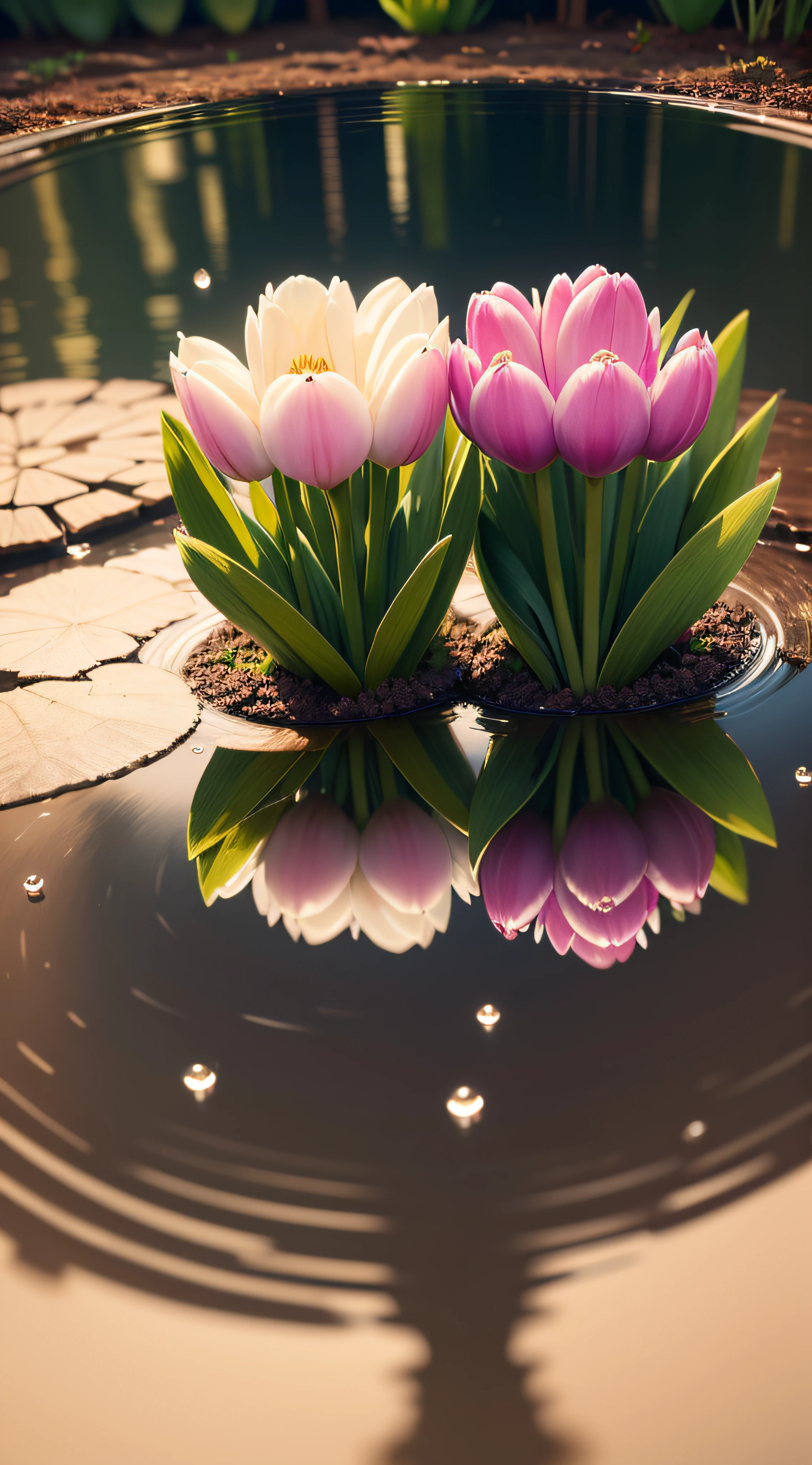 Macro 4K,Forest after rain,Two bouquets of tulips,Reflection of water droplets on petals