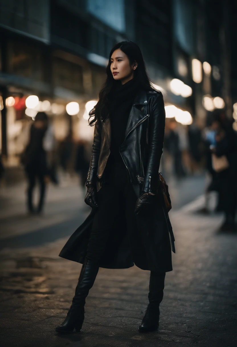 Black leather gloves、Black Riders Jacket、long boots、Young Japan、Black hair long straight、Midsummer city walk