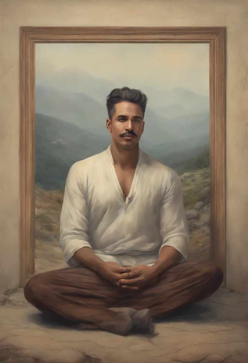 homem maduro, sitting in a meditation position, diante de um orisonte lindo, com o sol se pondo, in connection with the divine, foto de retrato, Directed by: Drew Tucker, Directed by: Adam Marczyński, Directed by: Alexander Kucharsky, Directed by: Gavin Nolan, Surrealismo 8K, Directed by: Jason Felix, Yuri Shwedoff e Tom Bagshaw, arte ilustrativa, Estilo Erik Johansson