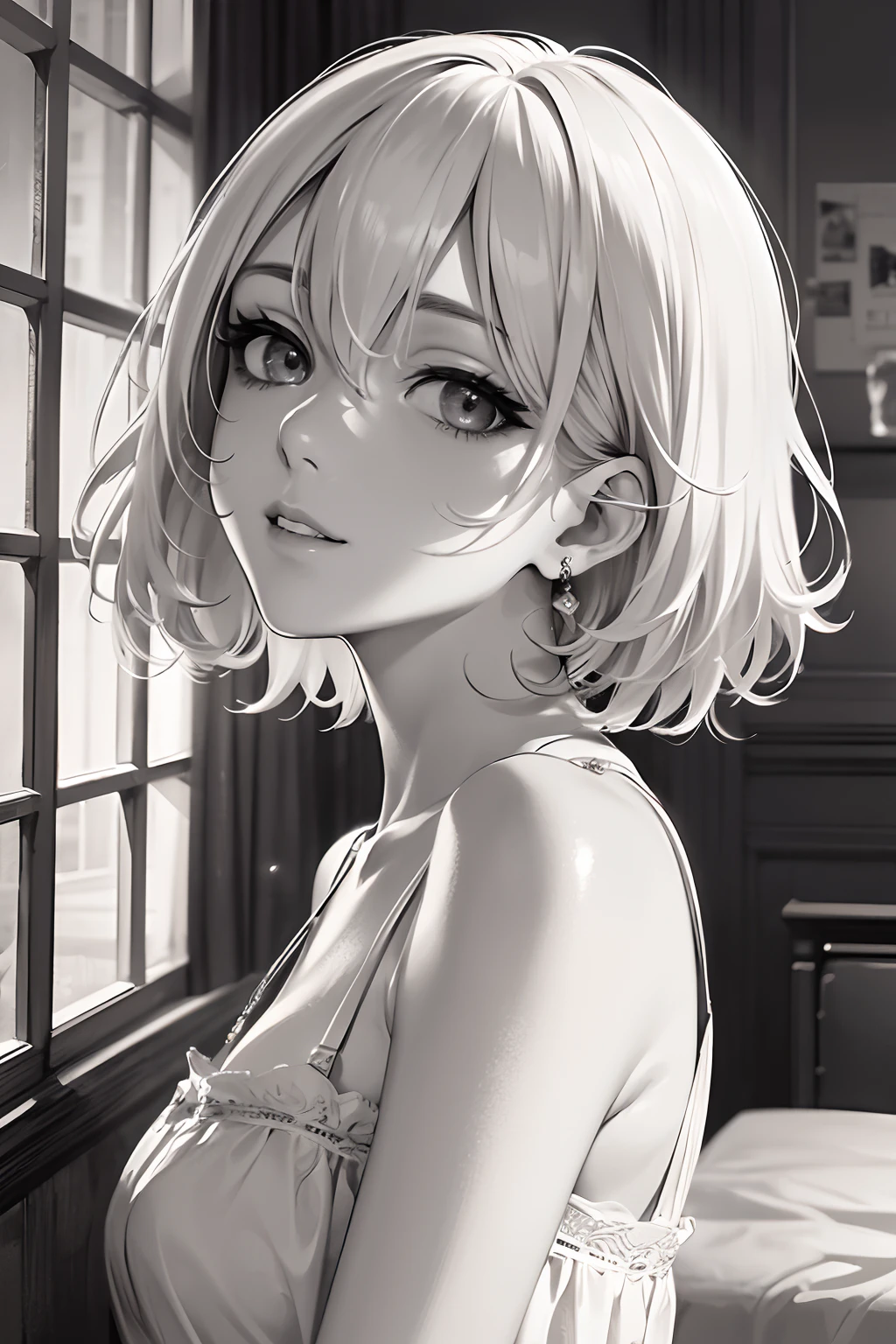 masterpiece、top-quality、hight resolution、High-quality images、8K.1womanl、Monochrome grayscale、skin gloss、Texture of skin and clothing、the detail、Detailed eye expression、Lustrous hair、full body Esbian、Platinum Blonde Shorthair、Cheek cane、Happy dreams、Sunlight from the window